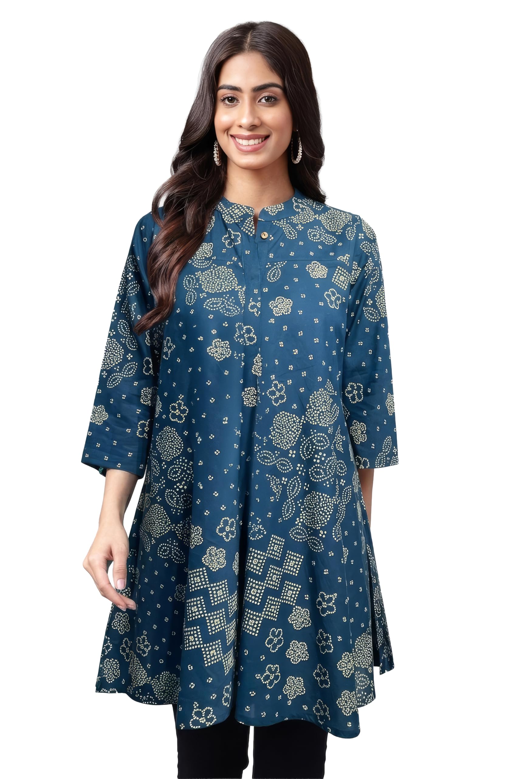 Women's Teal Blue Pure Cotton Bandhani Printed Flared Tunic-image-18