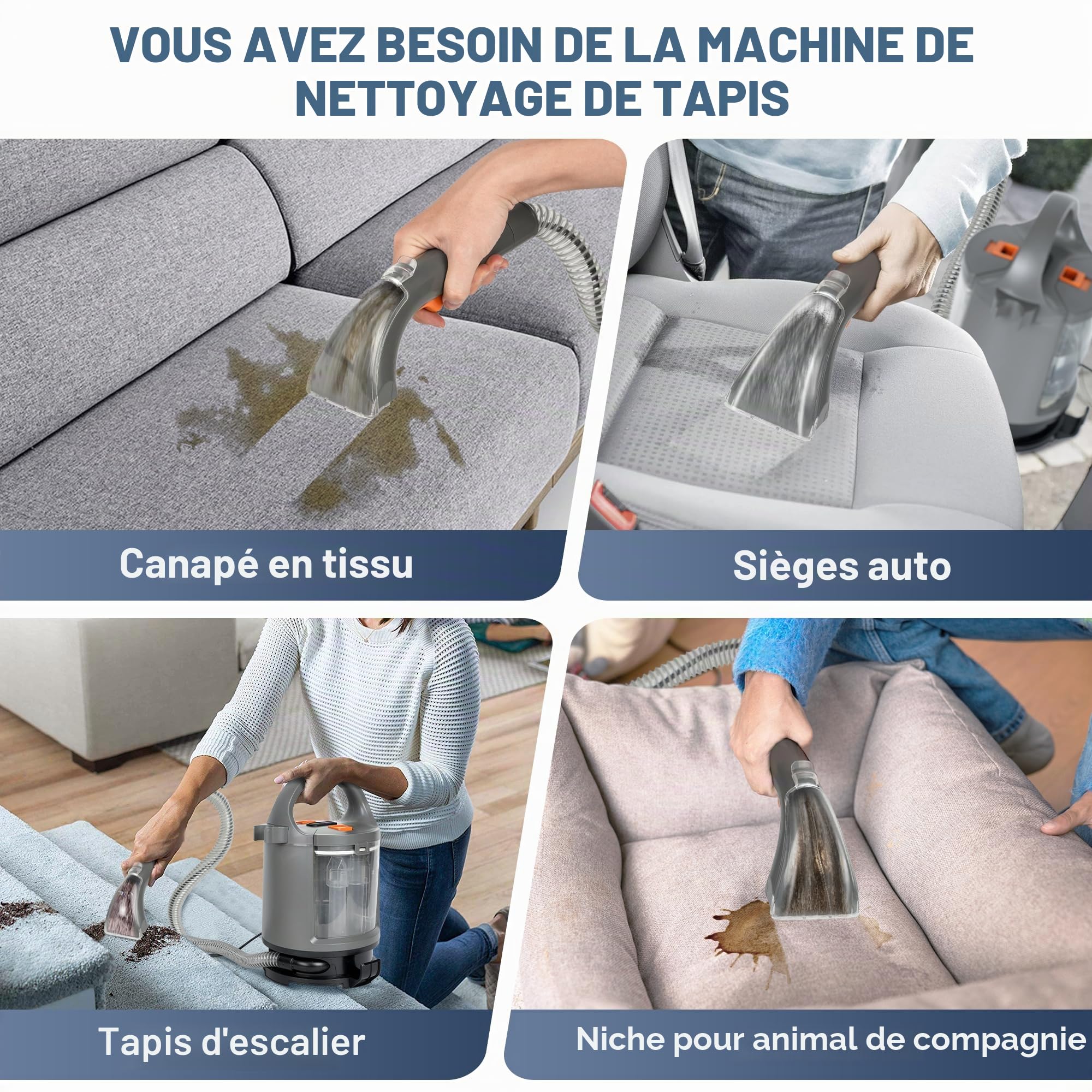 Nettoyeur de tissus d'ameublement 400 W, 12 kPa – Aspirateur portable avec système à 2 réservoirs, nettoyant pour tapis et détachant pour canapé, tapis, voiture, lit et tapis