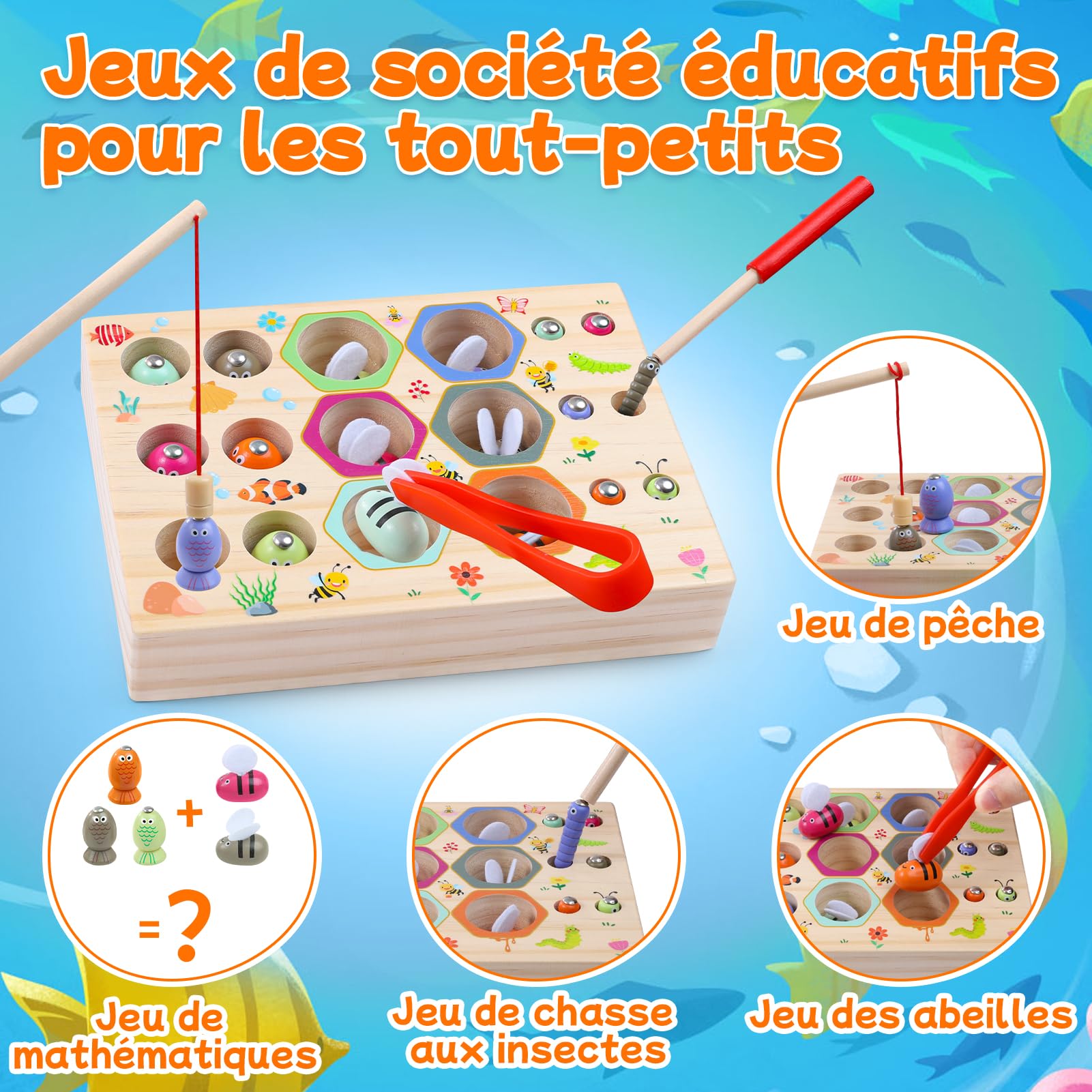 Jeu de pêche magnétique 3 en 1 en bois pour enfants, jouet Montessori éducatif, cadeau d'anniversaire ou de Noël pour garçons et filles de 3 ans
