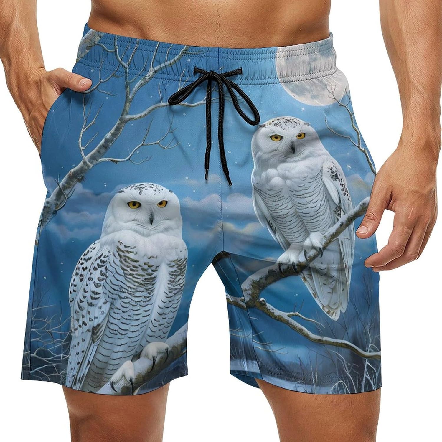 Snowy Wolf Full Moon Casual Men's Swim Trunks Novelty Summer Beach Shorts Swimwear with Pocket