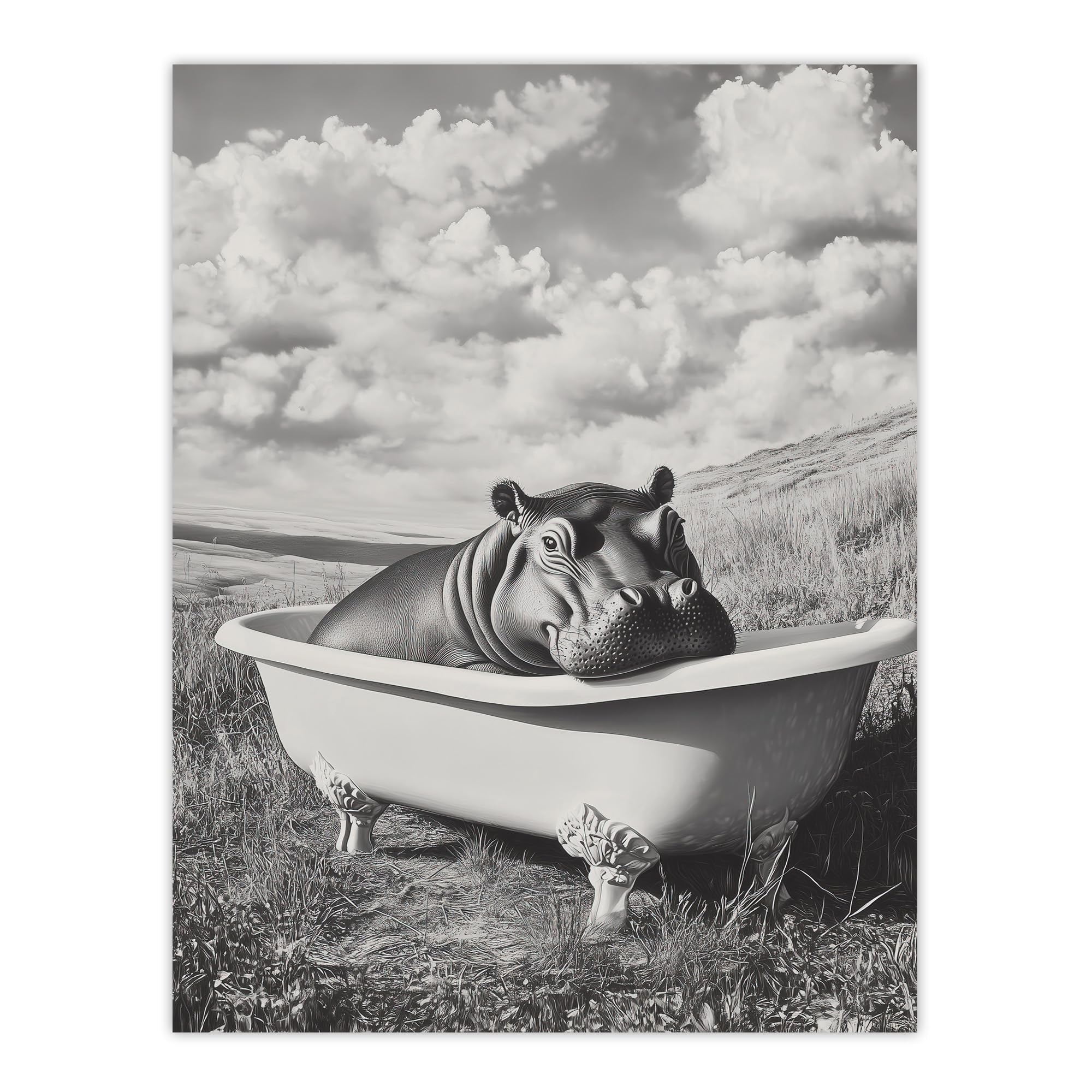 Artery8 Baby Hippo in Bathtub Black White Surreal Bathroom Toilet Extra Large XL Wall Art Poster Print