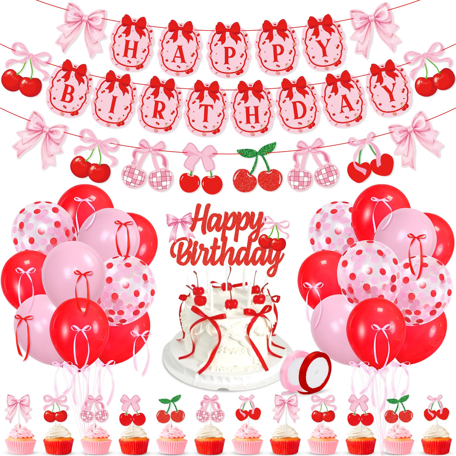 K KUMEED Cherry Birthday Decorations,Cute Happy Birthday Cherry and Bow Banner,Summer Fruit Cherries Party Supplies Cake Topper Latex Balloons for