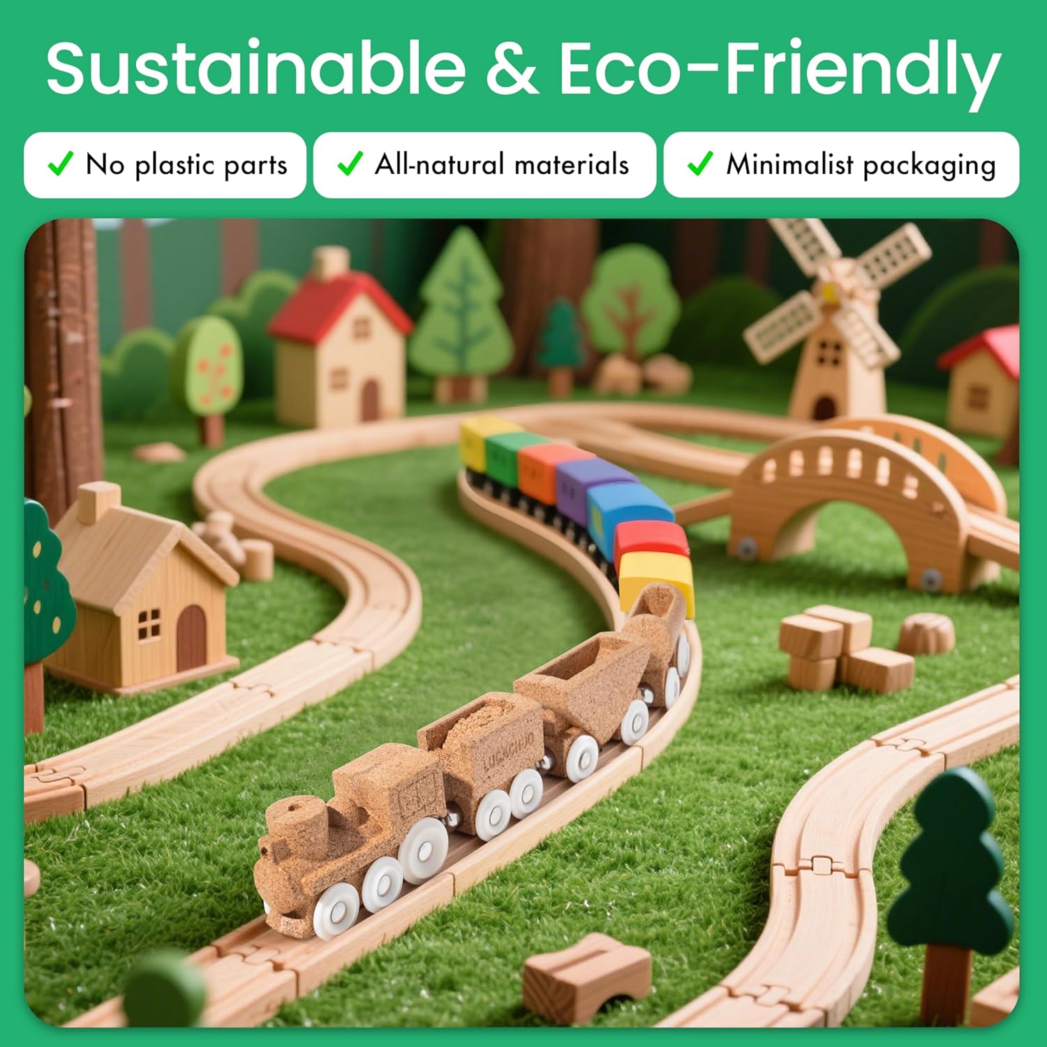 Paintable Cork Train Toy Set for Promoting Creativity and Learning (Ages 3+), Zero Plastic, Hypoallergenic, and Works with All Train Sets (Locomotive + Tender + 2 Passenger Cars)
