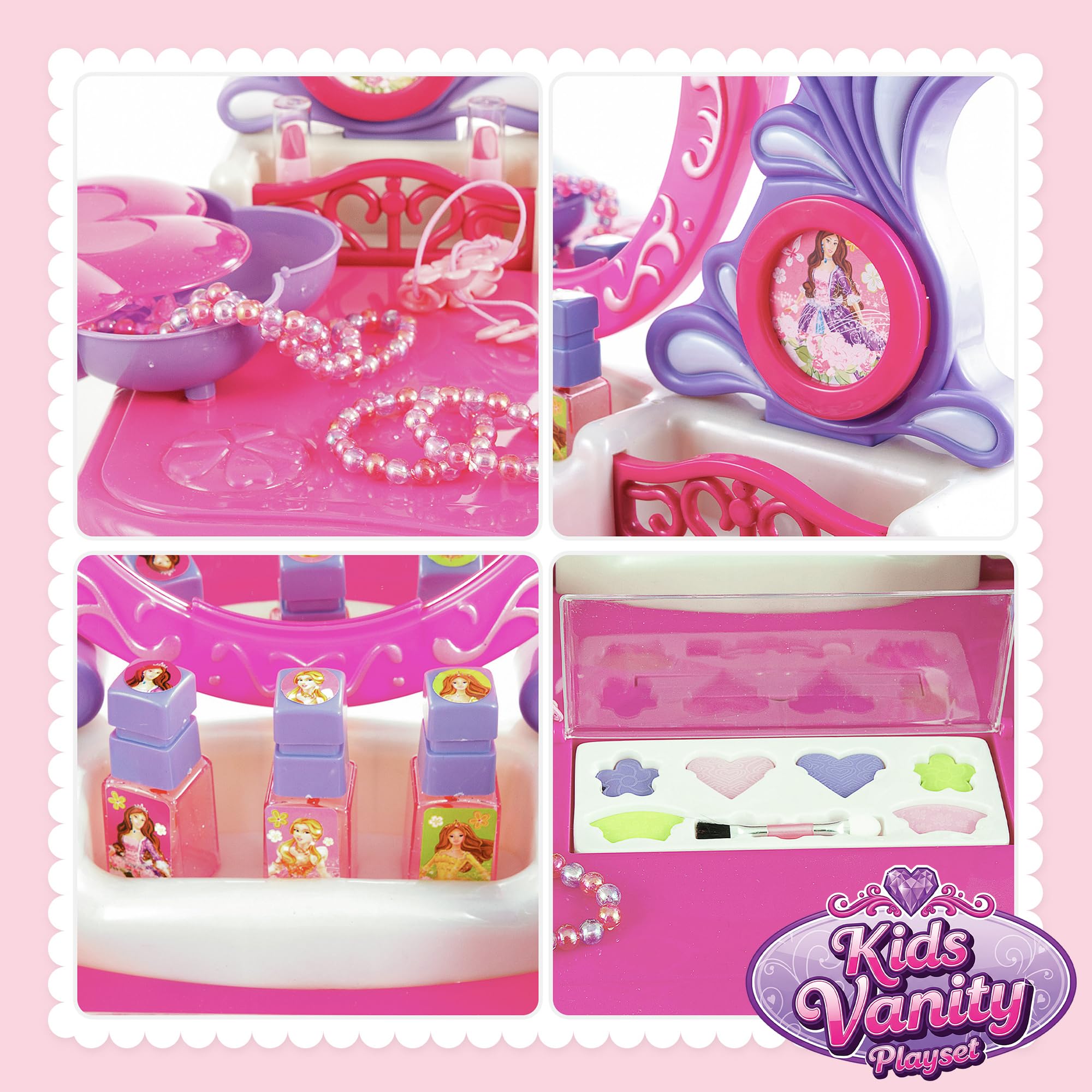 Kinderplay Tavolo da toeletta rosa per bambini con bacchetta magica e accessori | Tavolo da toeletta per bambini con specchio, cassetto, sgabello e set da trucco – giocattolo di ruolo,