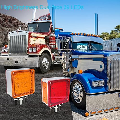 Miniatura 5 de 2 luces de guardabarros con pedestal de doble cara ámbarroja con montaje de perno, 52 luces LED cuadradas para semirremolques, Peterbilt Kenworth