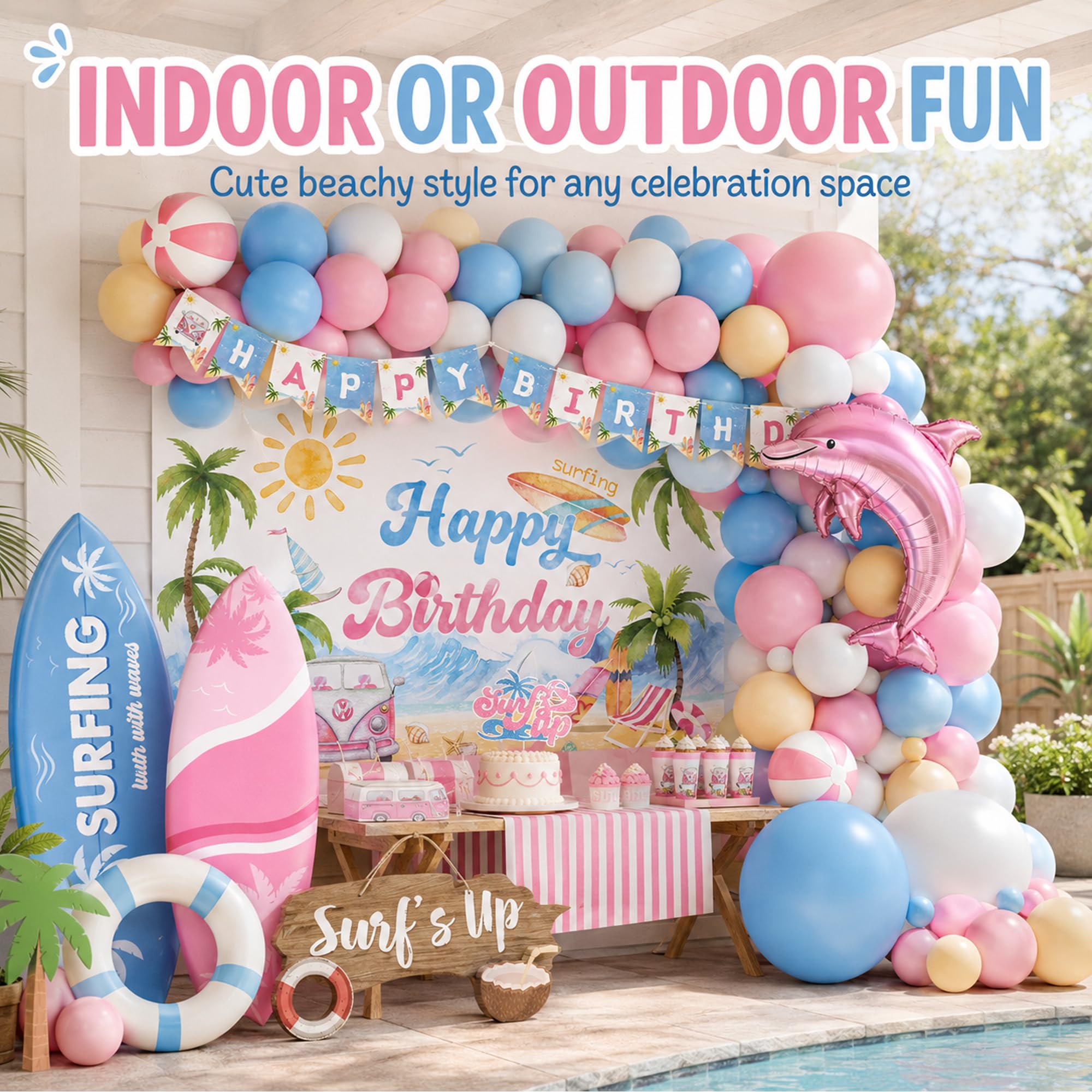 Decoraciones de fiesta de cumpleaños de surf, decoraciones de fiesta de cumpleaños en la playa para niñas, suministros de cumpleaños de olas hawaianas de verano, guirnalda de globos, tabla de surf