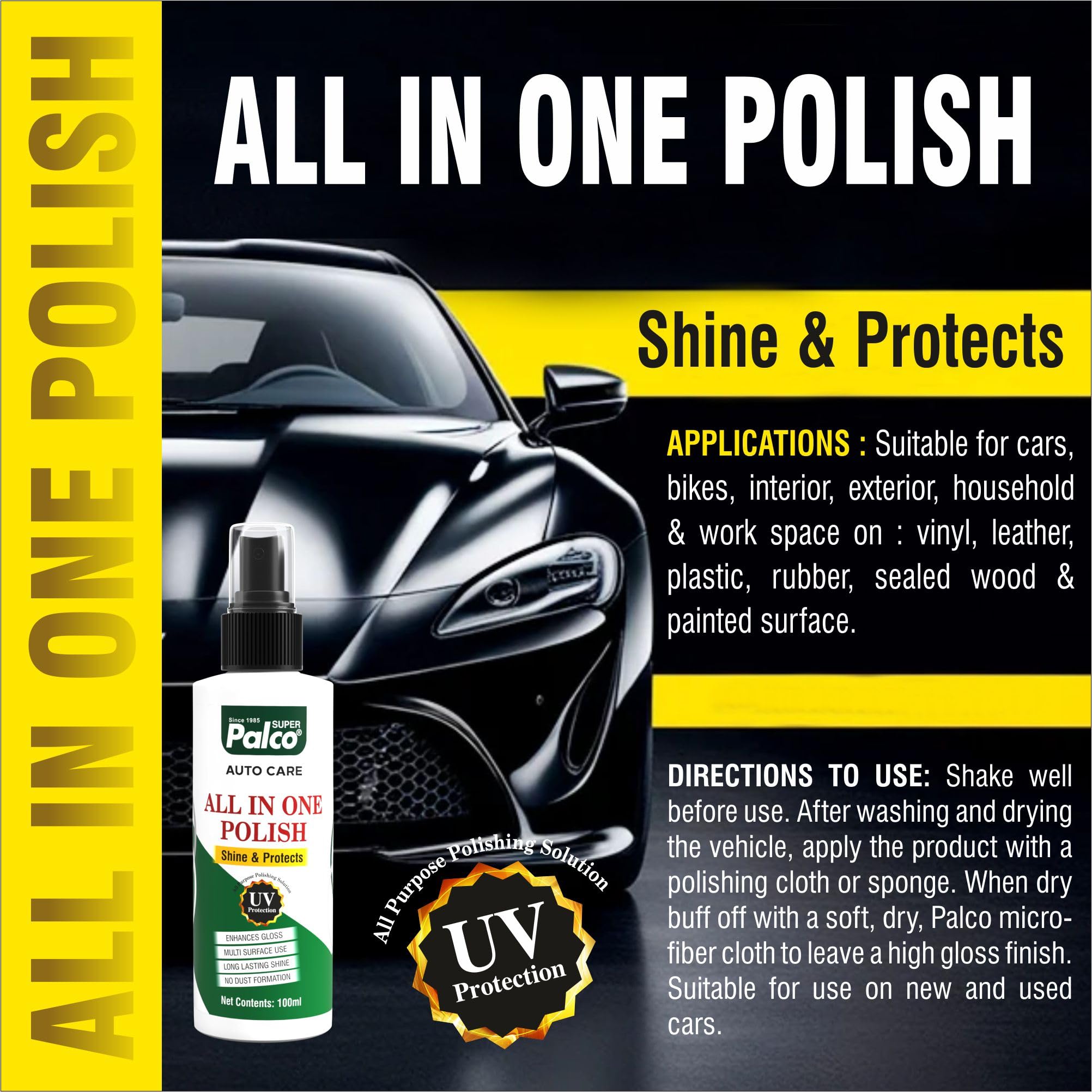 PALCO All In One Polish 100ml (Pack of 1) Ultimate Shining UV Protection Car Polish Spray Household Surface Long Lasting Glossy Finish Bike Polish for Shining Dust Free & Multi Surface Use 3
