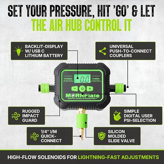 MORRFlate Air Hub + Air Hub Hoses Quad 125 Wheelbase 4 Tire Inflation Deflation System with Air Hub Automatic Digital PSI Controller High-Flow Solenoids Fast Efficient Multi Tire Inflation Deflation