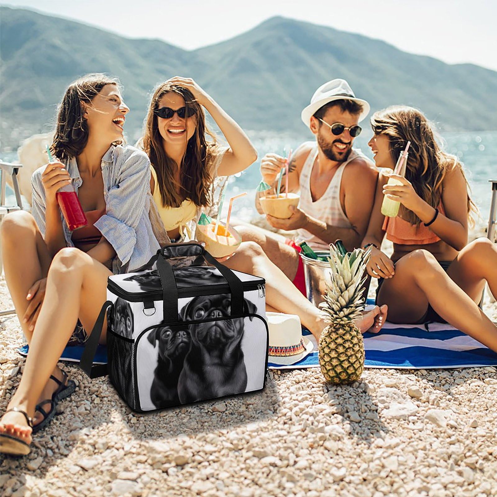 Camping Cooler Bag, Carino Nero Pug Dog Print Viaggio Picnic Bag Grande Capacità Cooler Bag Portatile Cooler Bag Multiuso Cooler, stile