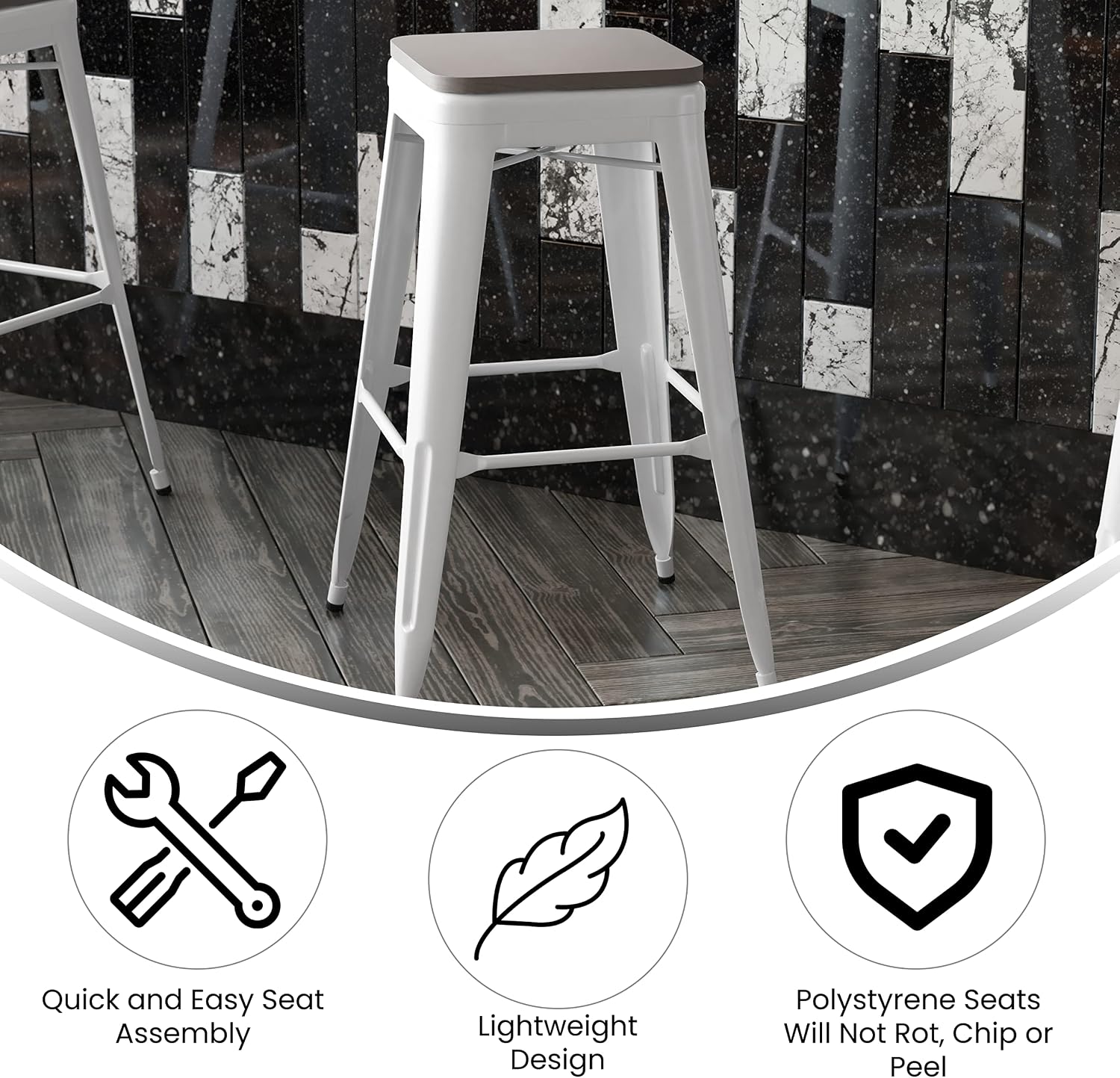 EMMA + OLIVER Kam 30" High Backless Bar Stool - White Metal Frame - Gray Polyresin Seat - for Indoor/Outdoor Use