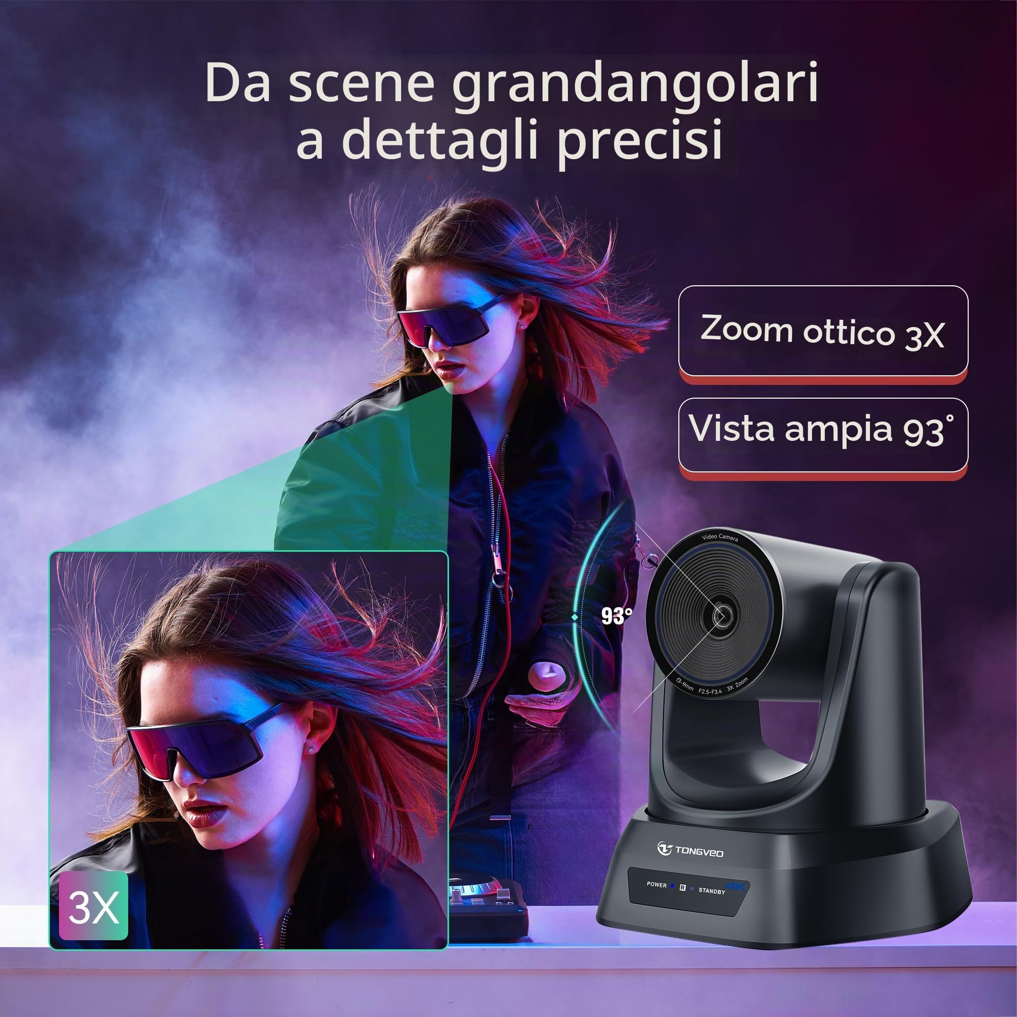 TONGVEO Telecamera da conferenza PTZ 4K con tracciamento automatico AI, zoom ottico 3x, grandangolo, 1080P/30fps (HDMI/USB 3.0), ideale per chiesa, riunioni, apprendimento online (zoom, YouTube, OBS).