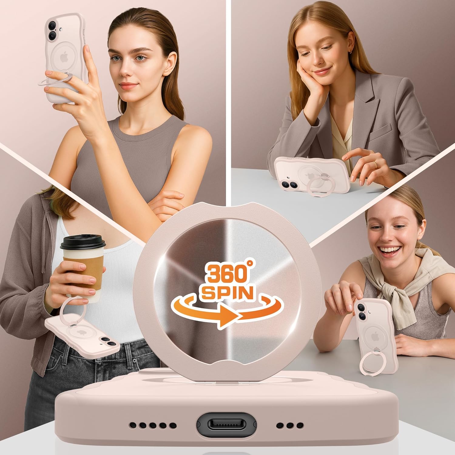for iPhone 16 Case, [Compatible with Magsafe][360° Spin Magnetic Stand][Military-Grade Protection][Camera Control][Cute Wave Edge] Translucent Matte Women Phone Cover for iPhone 16, Rose Gold - Image 7