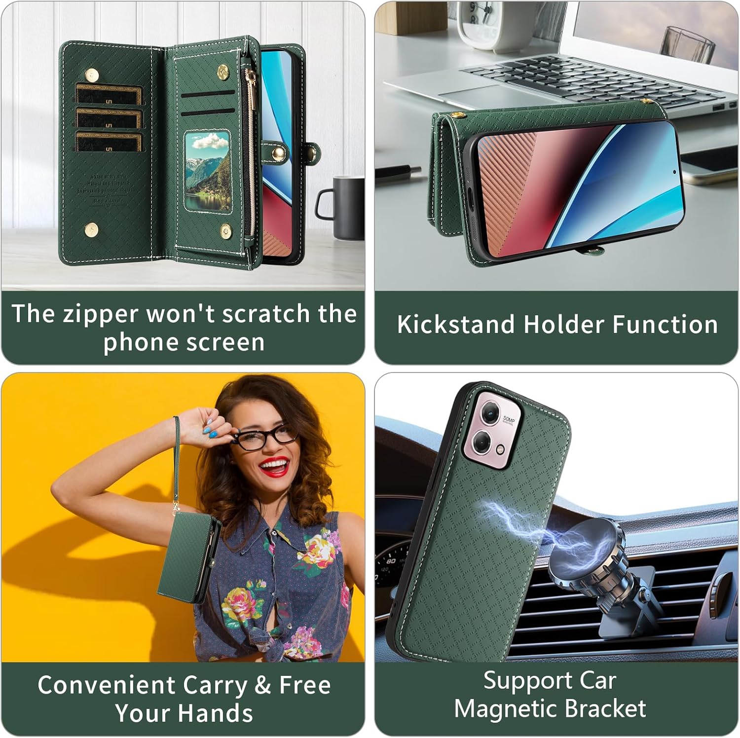 Asuwish Phone Case for Huawei Mate 20 Pro Zipper Wallet Detachable Cell Cover with Tempered Glass Screen Protector Crossbody Lanyard Strap Flip Card Holder Hawaii Mate20Pro Mate20 20Pro Women Green