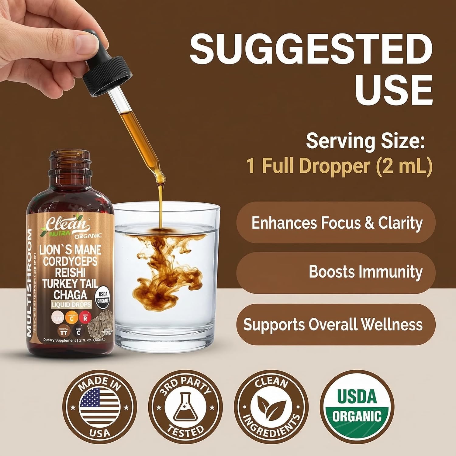 Mushroom Supplement Liquid Drops with Lions Mane Turkey Tail Cordyceps Reishi Chaga Shitake Maitake Tremella Oyster Mushrooms Poria Supplement and Enokitake Mushrooms Complex Blend by Clean Nutra