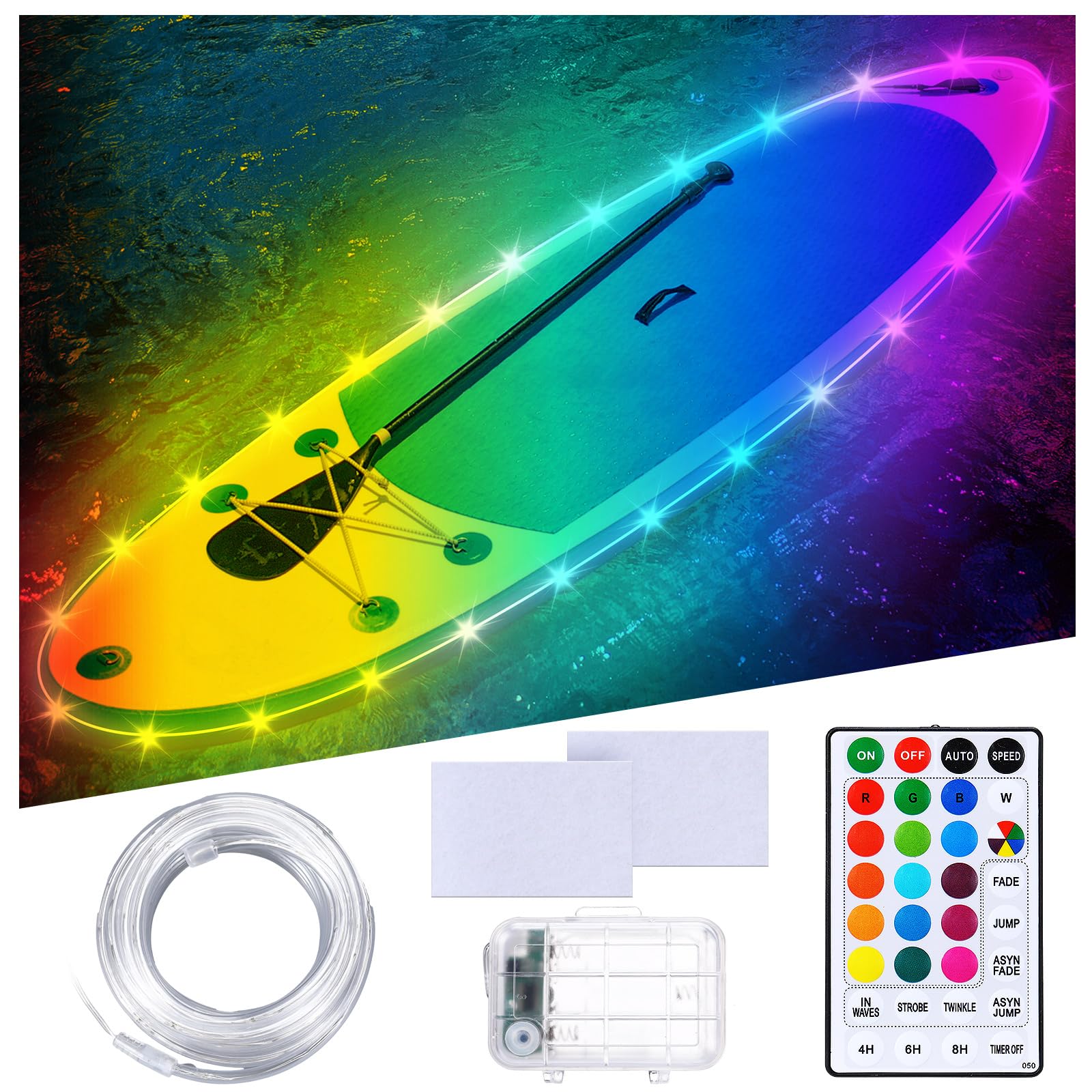 Glooglitter Kit de luces para tabla de remo de kayak de 22 pies, IP68, impermeables, luces brillantes de color SUP con control remoto, luces de kayak alimentadas por batería para kayak nocturno,