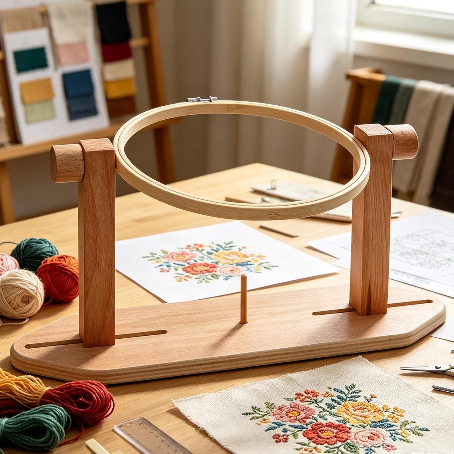 Embroidery Hoop Stand Wooden Rotating DIY Needlework Tool