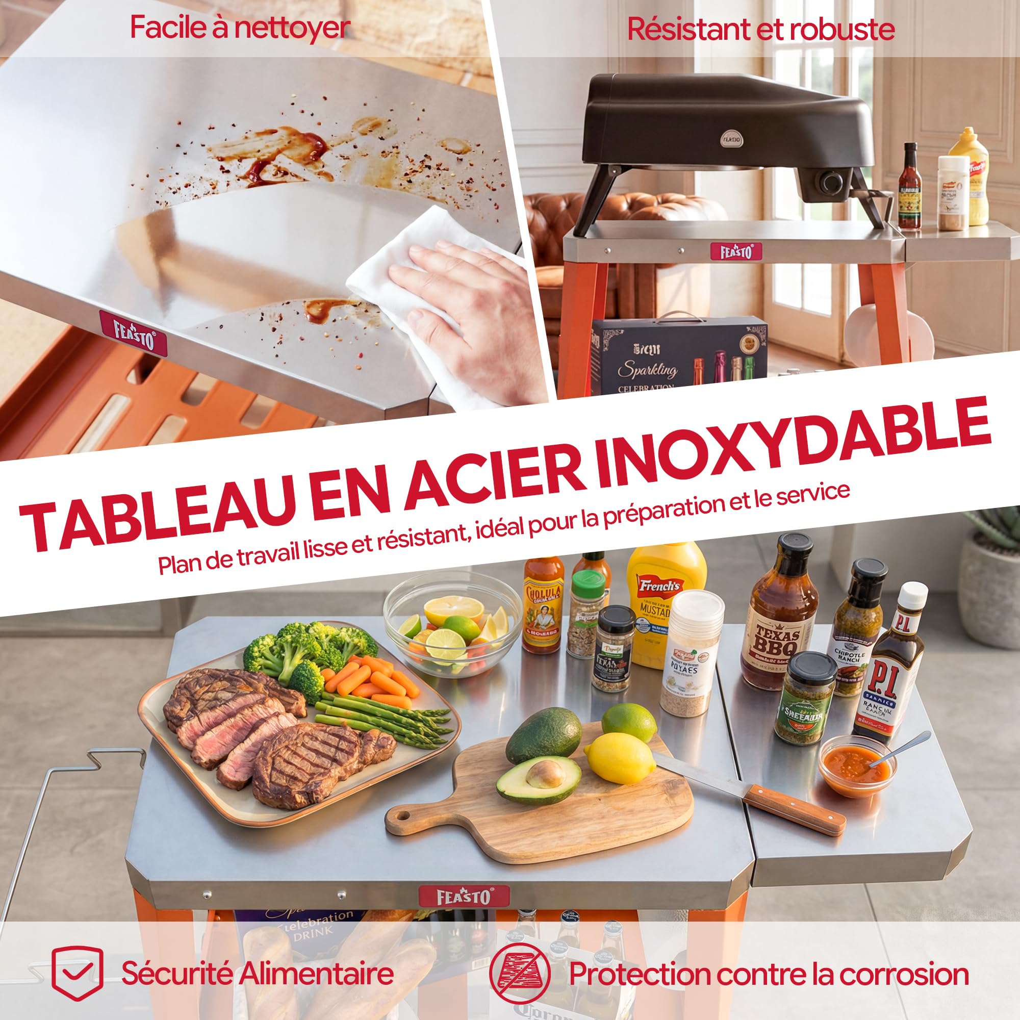 Feasto 2-Étagère Desserte de Jardin avec Table d’Appoint Pliable, Orange | Chariot de Barbecue avec Plateau en Acier Inox, Idéal pour BBQ dans le Jardin et la Terrasse, 95 x 67 x 80 cm
