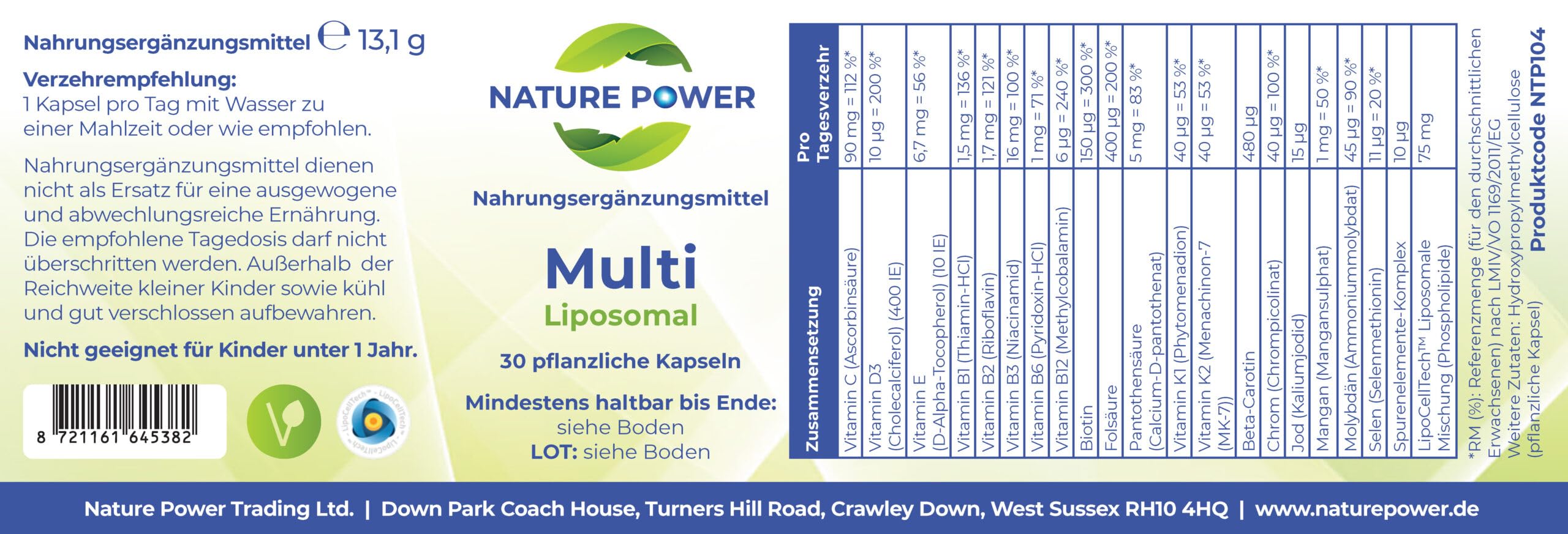 Liposomales Multi | Liposomales Pulver in Kapseln | Maximale Bioverfügbarkeit | 30 pflanzliche Kapseln | Für Vegetarier geeignet und gentechnikfrei | von NATURE POWER