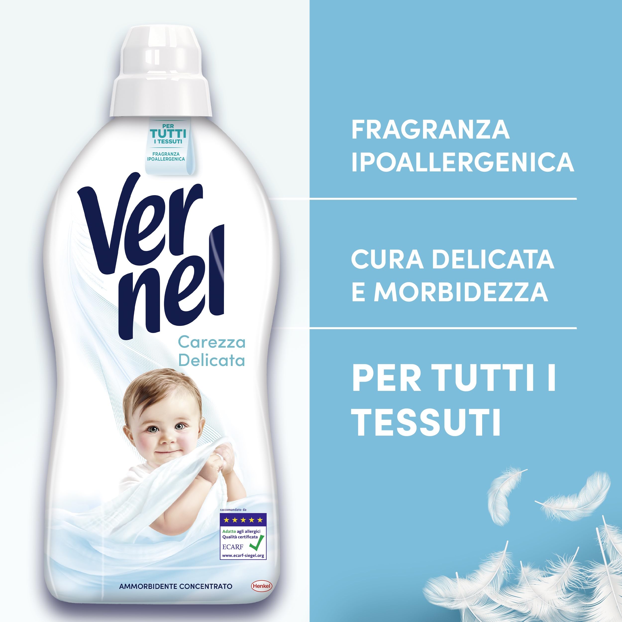 Ammorbidente Concentrato Vernel Carezza Delicata (10 x 48 lavaggi), Ammorbidente Concentrato per Tutti i Tessuti, con Fragranza Ipoallergenica, Approvato Dermatologicamente per Pelli Sensibili