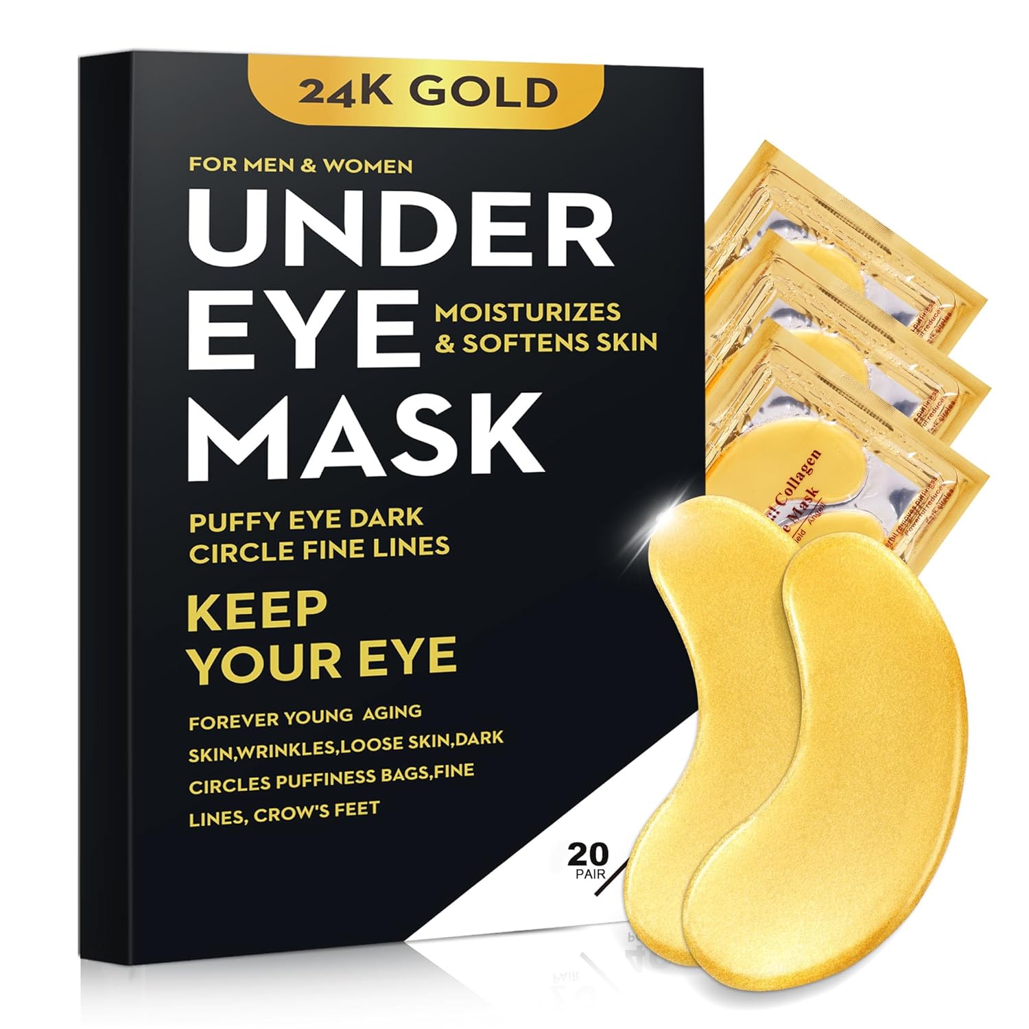 40 Pcs/20 Pairs 24K Gold Eye Mask Collagen Under Eye Mask Patches for Dark Circle Puffiness, Refresh, Revitalizing, Travel, Wrinkles, Gold Eye Patches