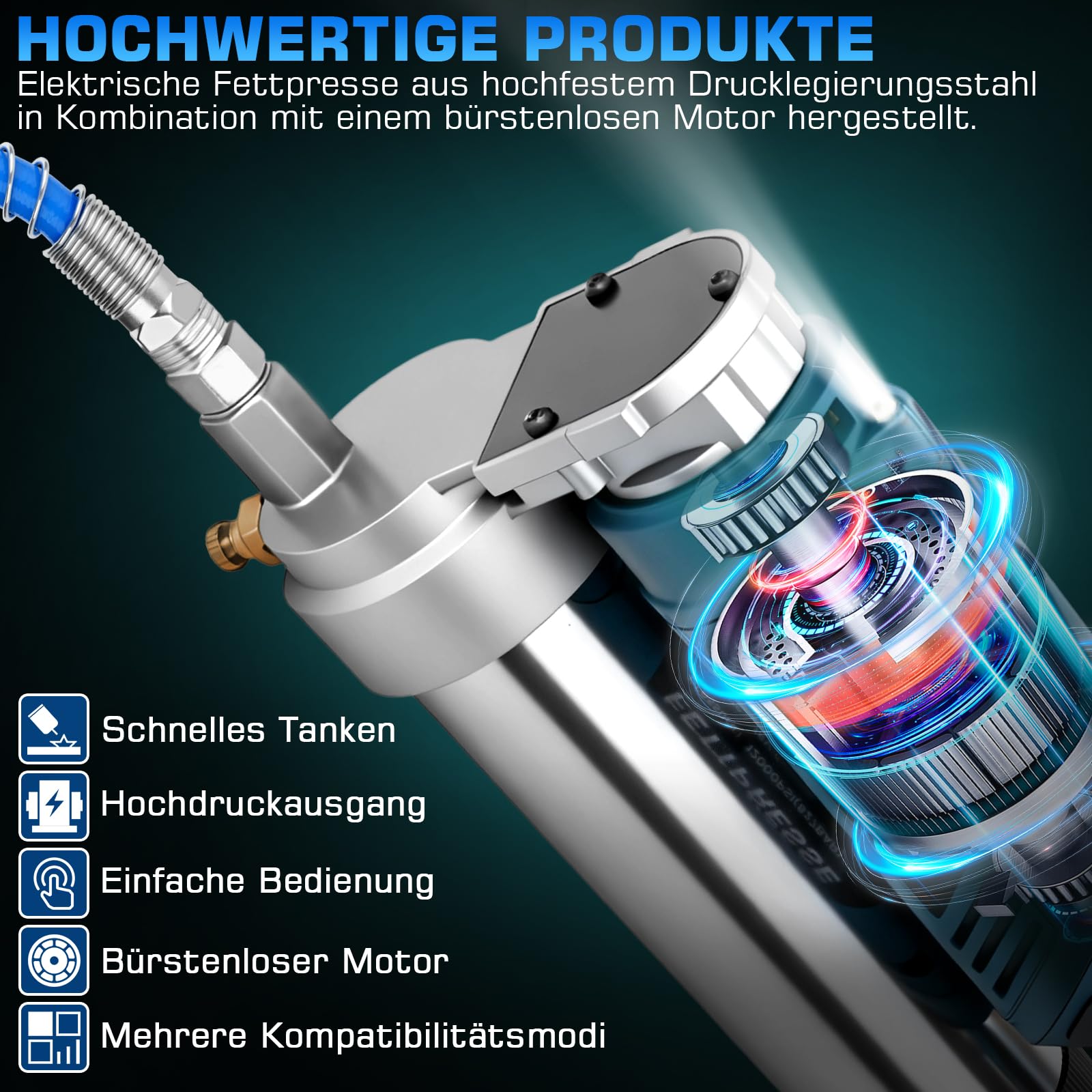 Pistola engrasadora con batería de 12000 PSI con 2 pilas de 2,0 Ah y cargador | Pistola engrasadora eléctrica con manguera de alta presión de 100 cm, 3 boquillas, motor sin escobillas y luz LED