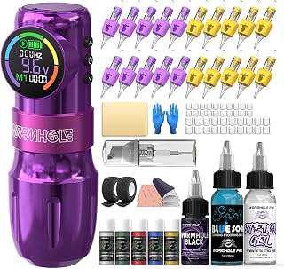 Wormhole Tattoo Gun Kit Wireless Tattoo Kit Tattoo Machine with Digital LED Display, 1,500 mAh Capacity Battery, Normal/Jump-Start/Dot Working Mode, 20Pcs Tattoo Needles Tattoo Pen Kit-Purple