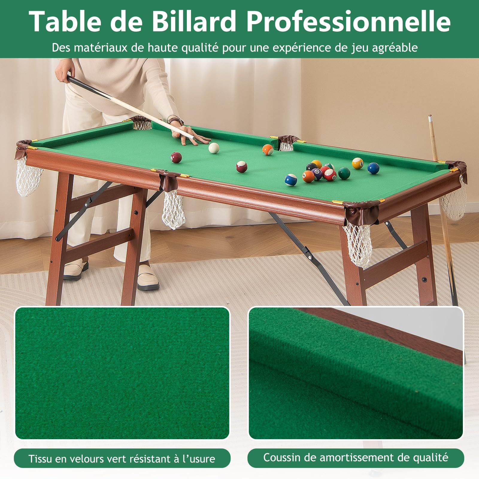 GOPLUS Table de Billard Pliable, Mini Billard Enfant Pliant avec Pieds Pliables et Réglables, Coins Protégés en Cuir, 2 Queues, 2 Craies, 16 Boules, Triangle, Brosse, pour Enfants Adultes,138x67x79CM