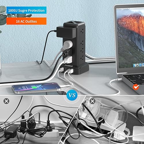 Miniatura 7 de PASSUS Power Tower - Protector de sobretensiones con 4 puertos USB C (2 USB C, PD20W), cable de extensión largo de 1625 W  13 A con 16 salidas de