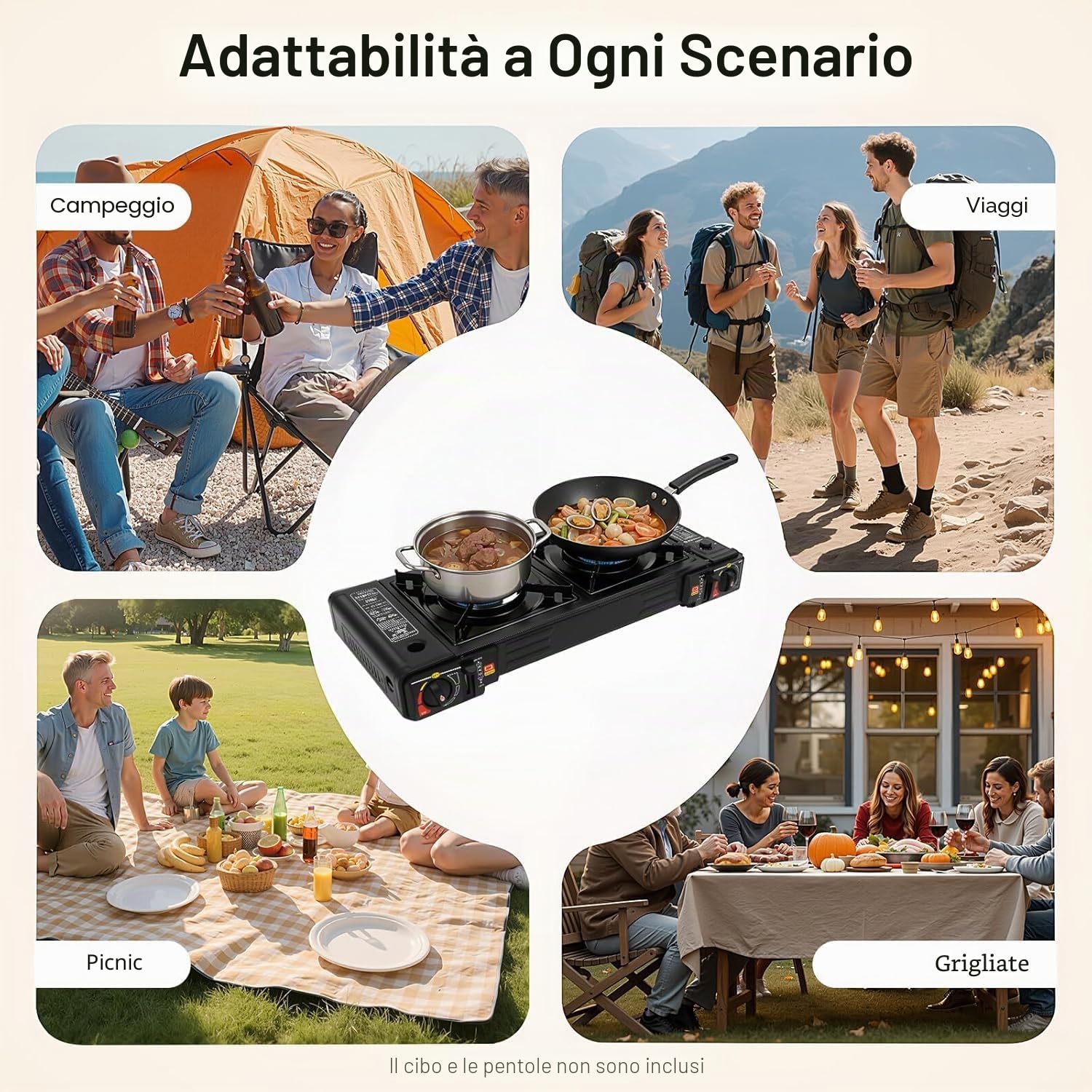 Fornello a gas da campeggio 2 in 1, 2 fuochi 2x2500W con piastra per grigliare, accensione piezoelettrica automatica e valigia per il trasporto – Fornello a gas portatile per butano/GPL, ideale per