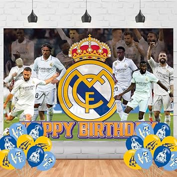 Madrid Football Birthday Photography Backdrop 5x3ft Photo Background Soccer Happy Birthday Banner for Football Party Supplies Decorations5x3ft
