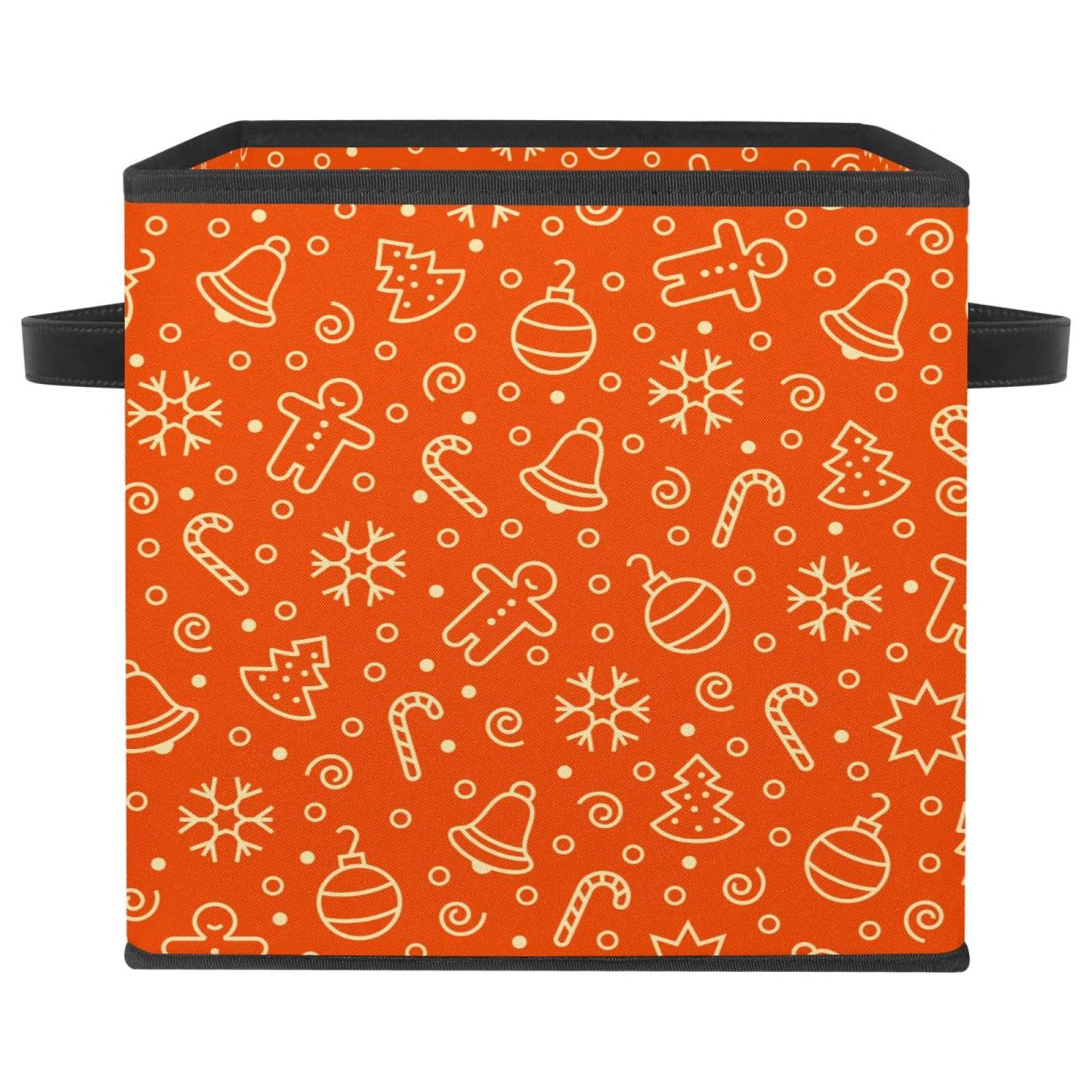 Boîte de rangement pliable orange en tissu imprimé Noël avec poignées pour vêtements