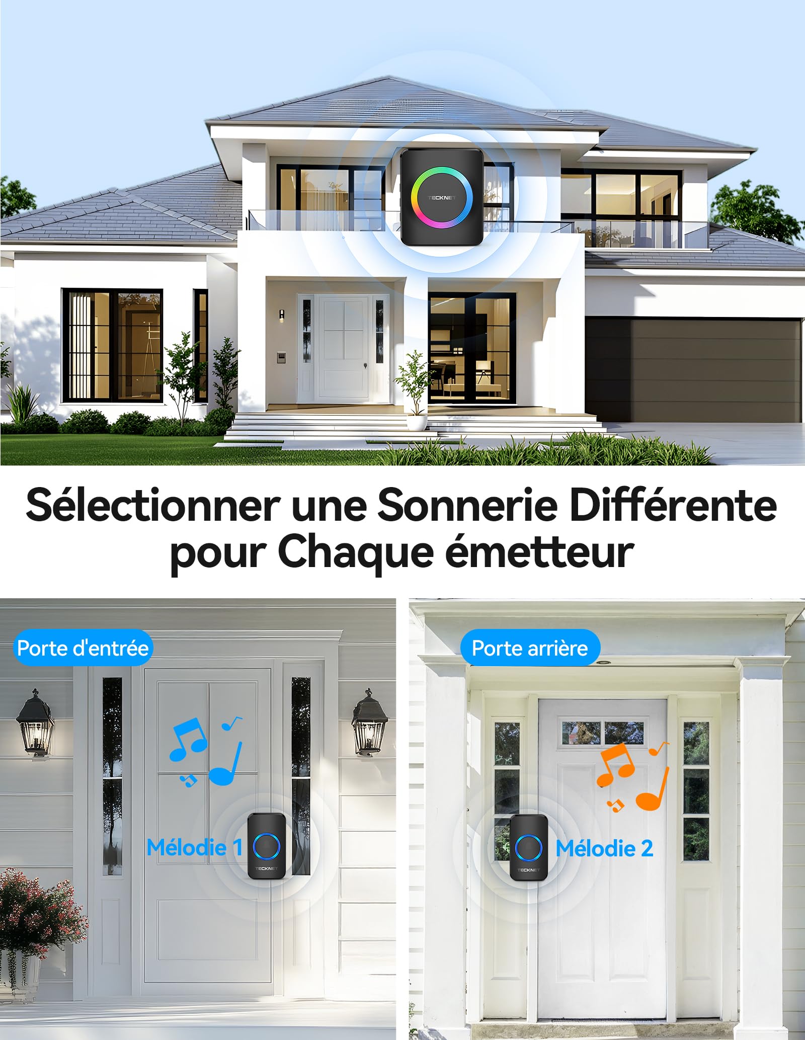 TECKNET Sonnette sans Fil Exterieur Etanche, Sonnette sans Fil Portée 600m, Kit de Sonnette avec 1 Récepteur Enfichable et 2 émetteurs, Indicateur RVB, 60 Mélodies, 5 Niveaux de Volume