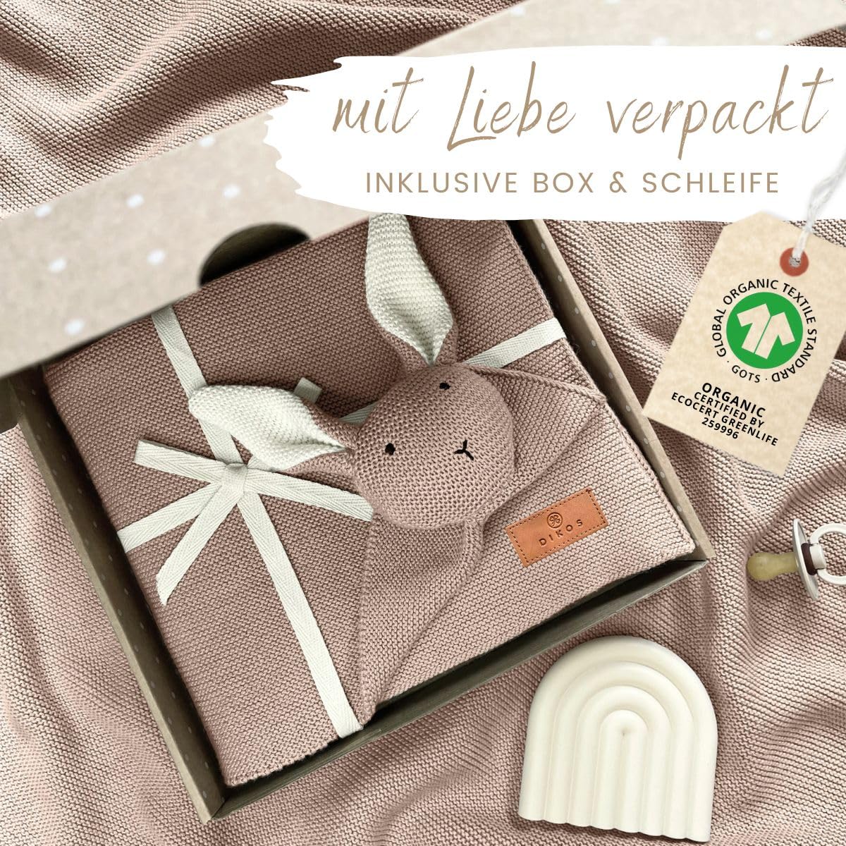 DIKOS Original 2-in-1 Babydecke & Kuscheltuch SCHMUSE-Hase – Weiche Kuscheldecke für Baby Mädchen & Jungen aus Bio-Baumwolle (Oeko Tex) – Weiche Baby-Decke als Geschenk zur Geburt – Warmes Taupe