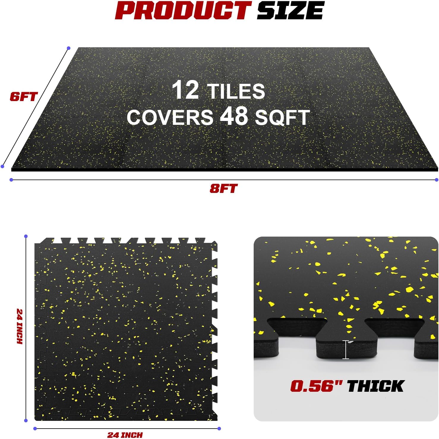 0.56" Thick Interlocking Exercise Equipment Mats, 12 Tiles (48 Sq Ft) - Rubber Top Gym Flooring with High Density EVA Foam, Noise Reducing Workout Mats for Home Gym Floor Protection