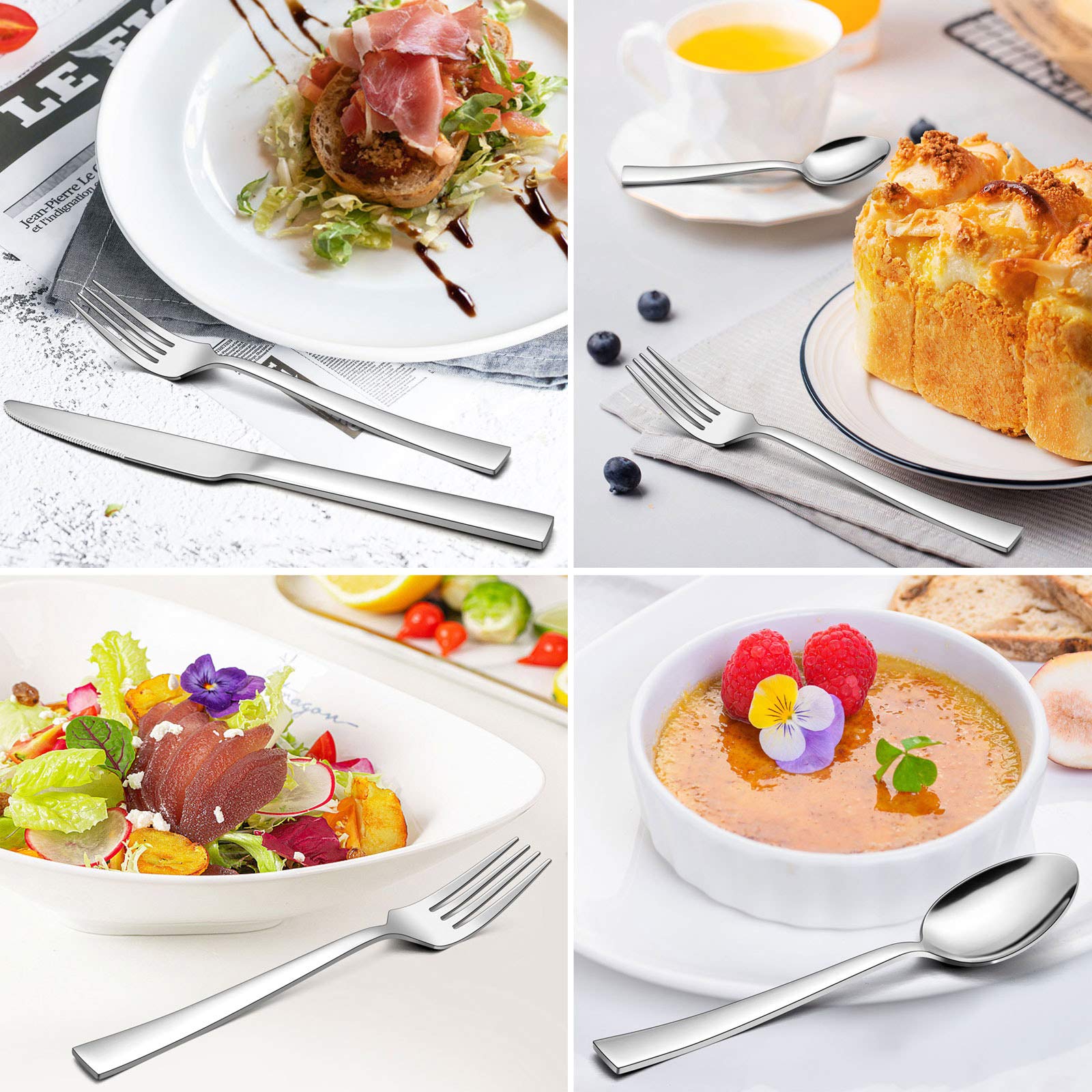 LIANYU Juego de 60 cubiertos de acero inoxidable con bandeja, cubiertos cuadrados para 12 platos, vajilla para restaurante en casa, apto para lavavajillas, pulido espejo