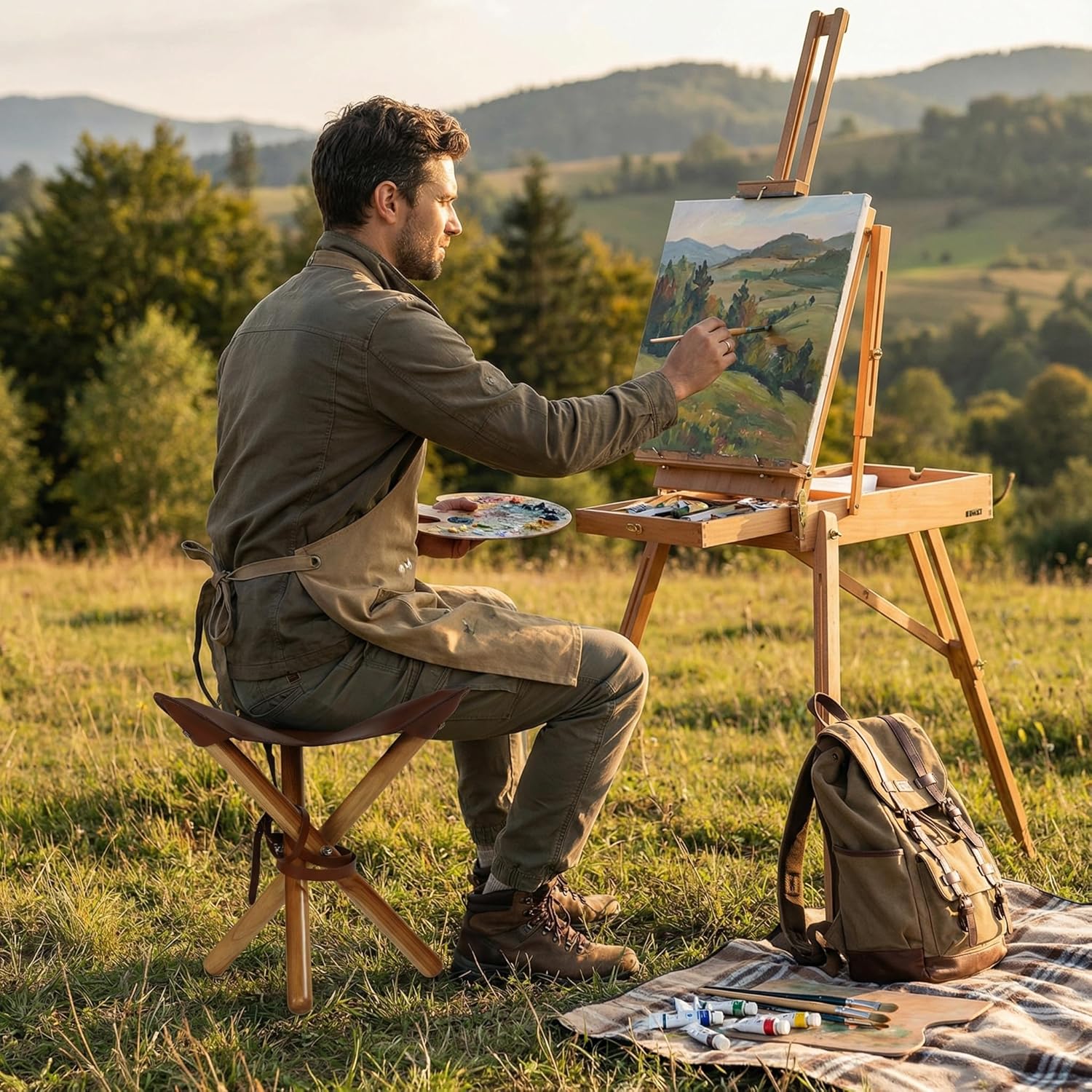 Bare Decor Cuspand Teak and Genuine Leather Artist Folding Accent Stool in Brown