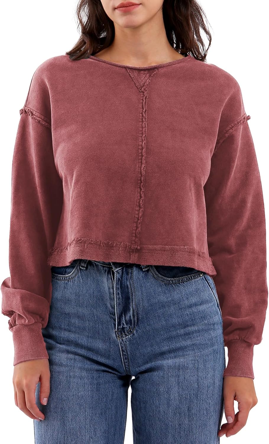 Amazhiyu Womens Pullover Washed Cropped Sweatshirt Crew Neck Fall Crop Top