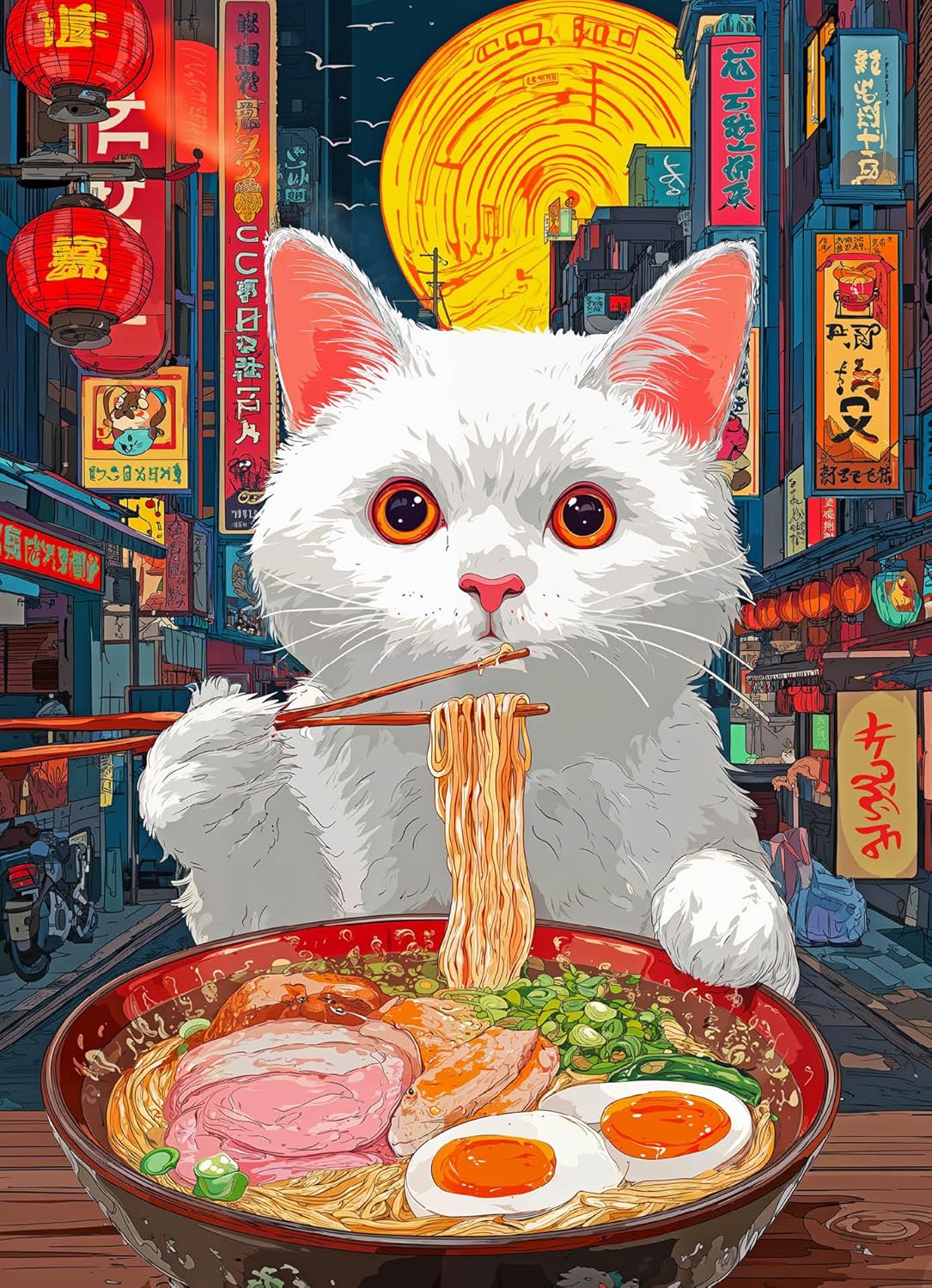 Midnight Ramen in Tokyo - 1000 Piece Jigsaw Puzzle for Adults | Whimsical Cat Ramen Illustration