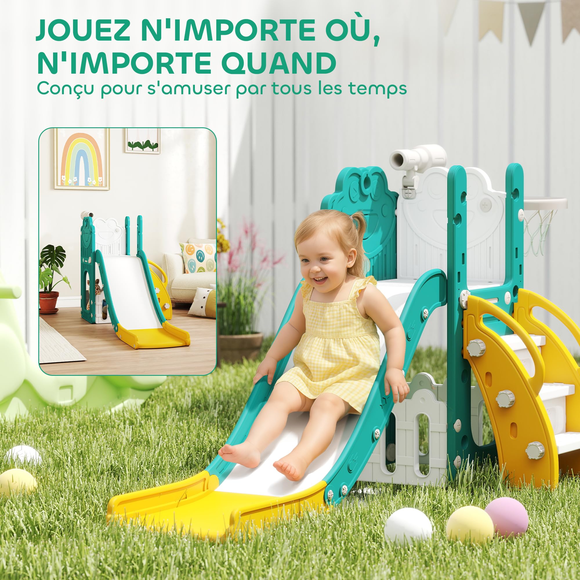 AIYAPLAY Toboggan pour Tout-Petits 5 en 1 avec Panier de Basket, Jaune | Toboggan Autoportant pour Enfant, Centre d'Activités pour Aire de Jeux, Structure d'Escalade, Télescope, Boîte de Rangement