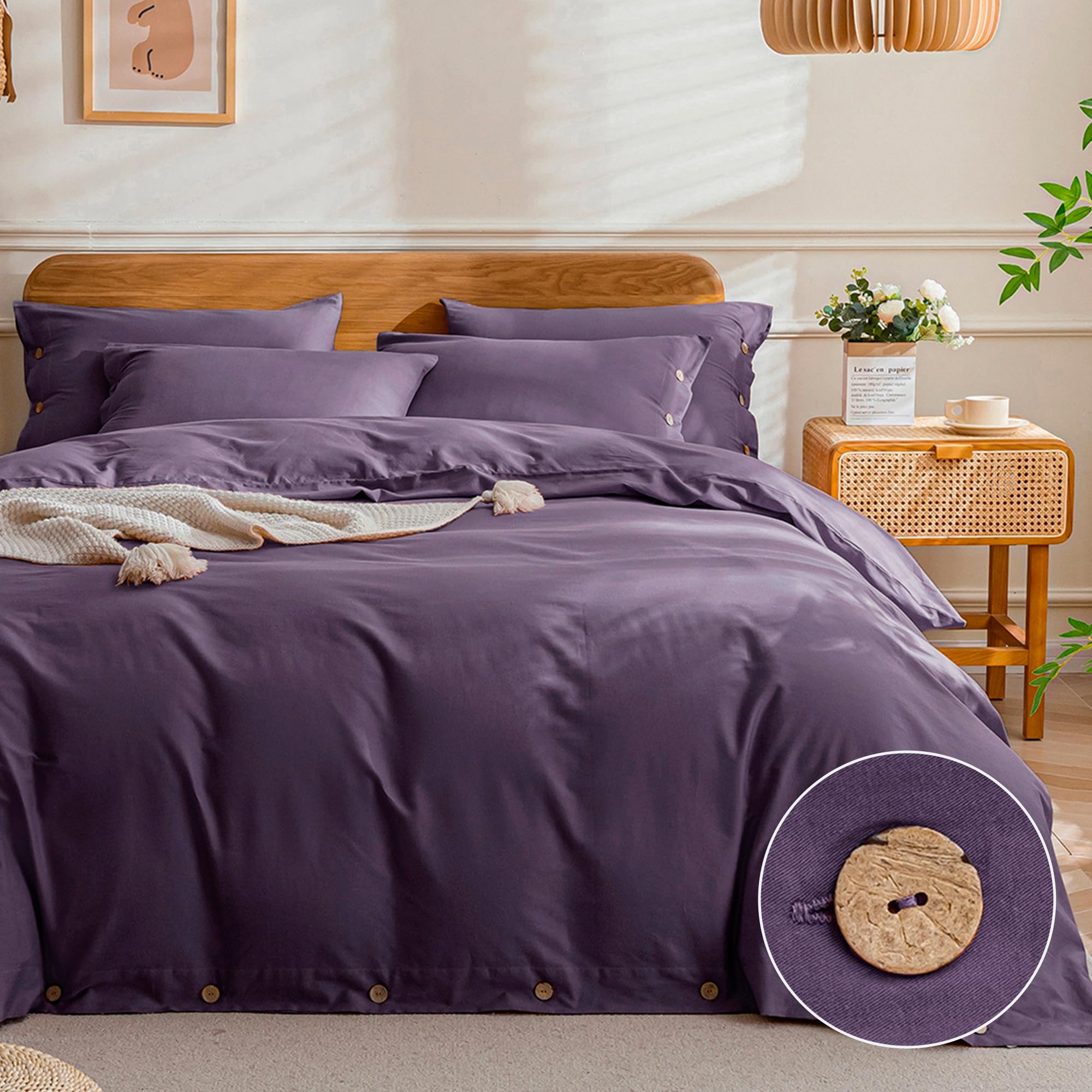JELLYMONI Cotton Duvet Cover King Size - Purple Comforter Cover with Button 100% Washed Cotton 3PCS Breathable Soft Solid Bedding Set Duvet Cover 104×90in &amp; 2 Pillowcases (NO Comforter)