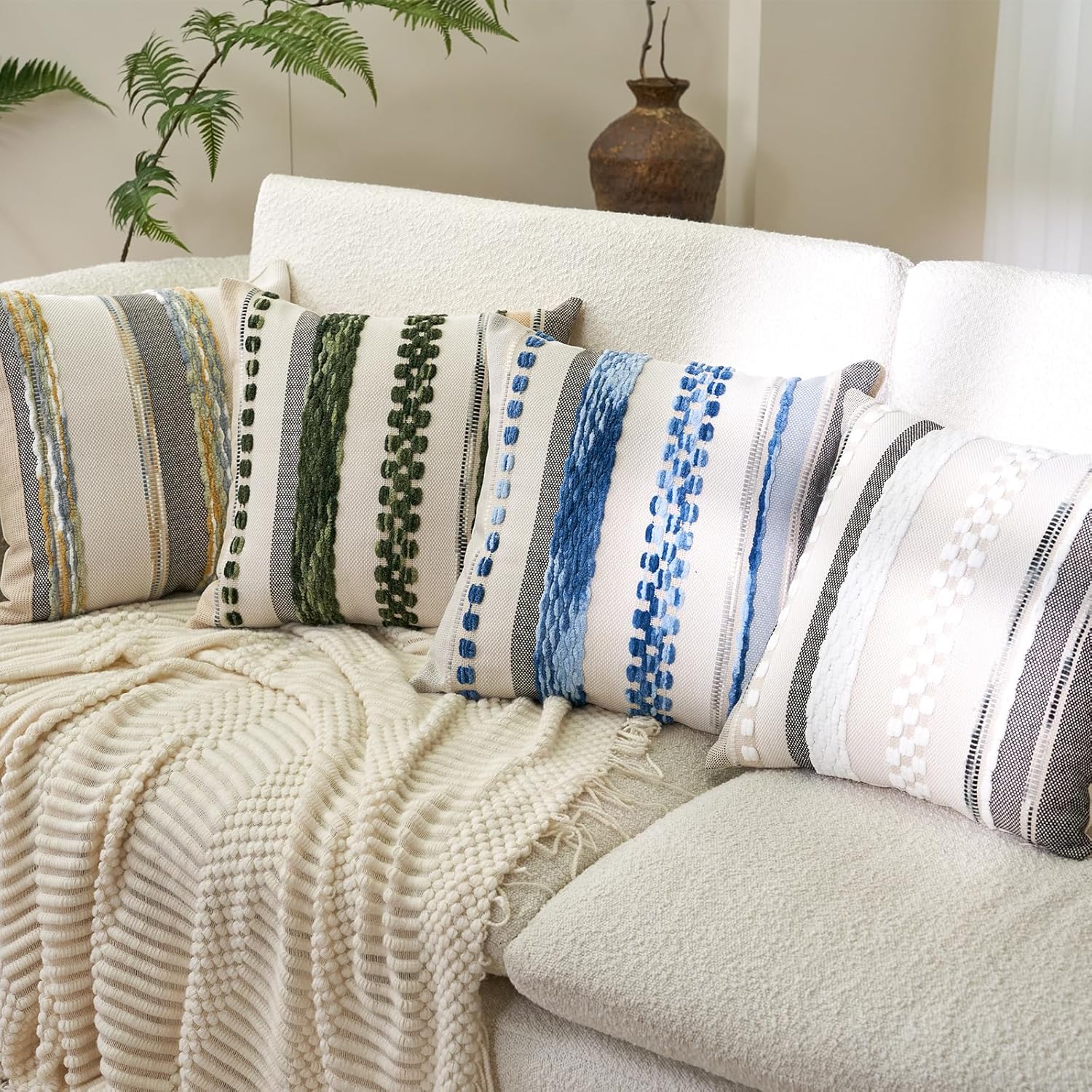 Aeckself Boho Throw Pillow Covers 18x18 Inch Set of 2, Farmhouse Decorative Striped Square Pillow Covers Chenille Tufted Pillow Cases Accent Neutral Pillowcase for Living Room Couch Bed, Gray - Image 5