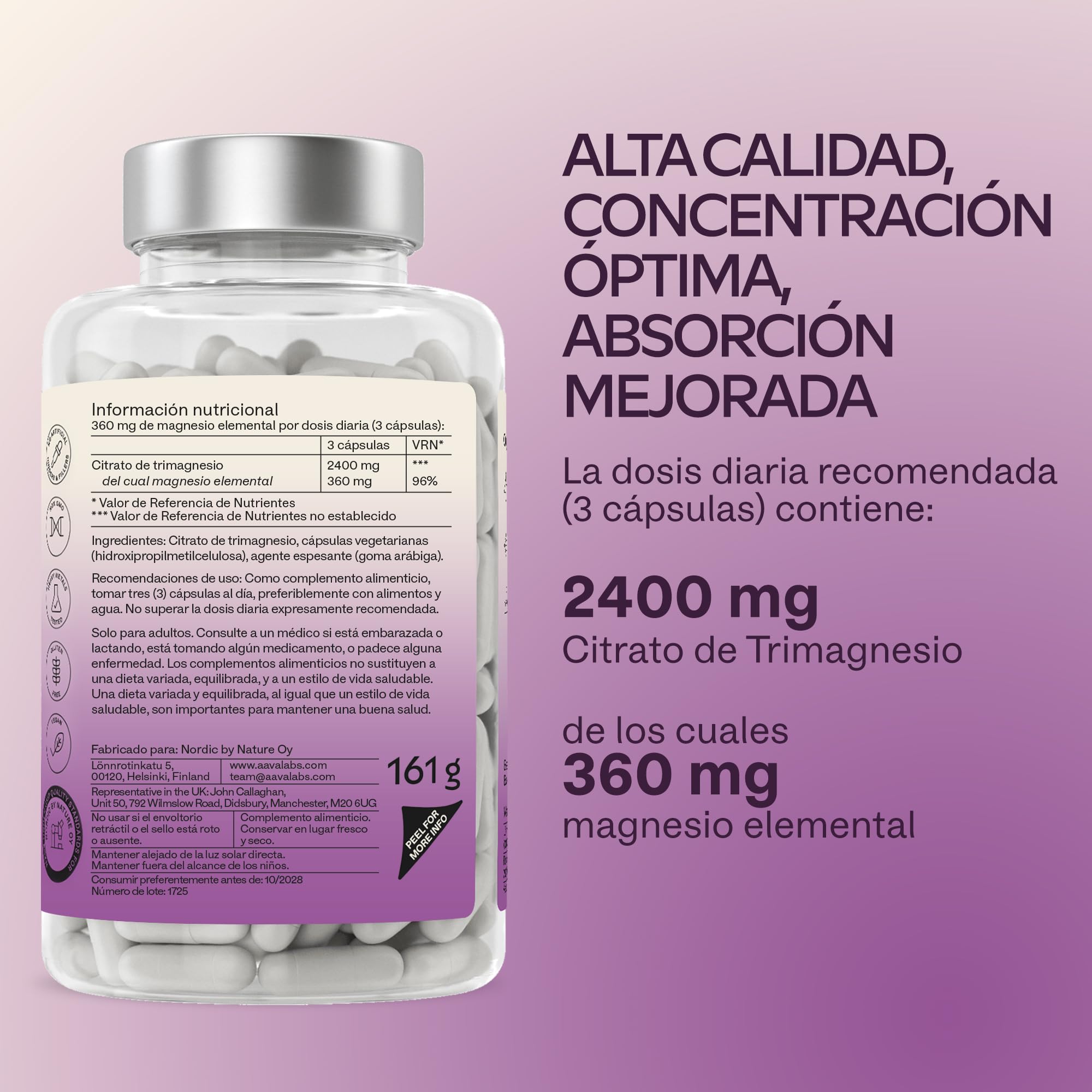 Aavalabs Citrato de Magnesio Capsulas [2400 mg por dosis diaria] - Alta Dosis de Magnesio Elemental [360 mg por dosis] - Puro y Vegano - 180 Cápsulas - Dosis Diaria 3 Cápsulas