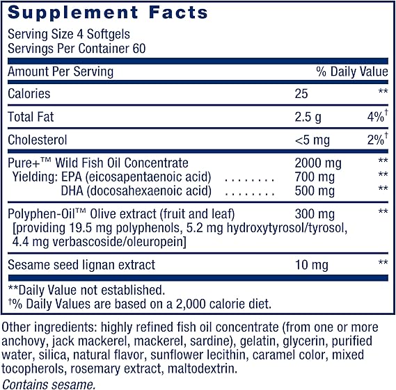 Life Extension Super Omega-3 EPA/DHA Fish Oil, Sesame Lignans & Olive Extract Heart Health, Brain Health, Inflammation Health Support, Gluten-Free, Easy to Swallow, Non-GMO, 240 Softgels