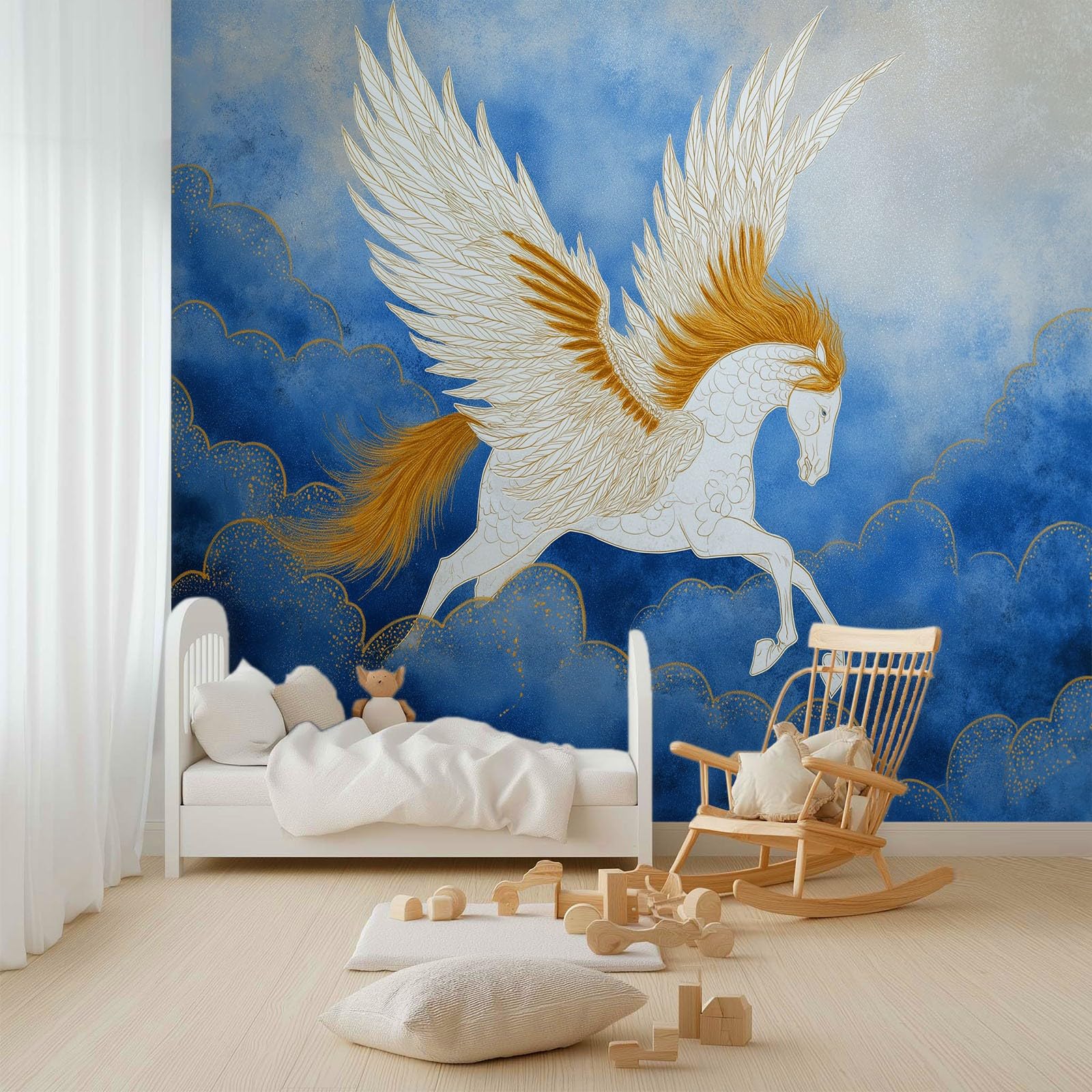 Nowoczesny mural ścienny fantasy 250 x 175 cm (szer. x wys.), zwierzę pegaz chmury tapeta mural na ścianę akcentującą do sypialni salonu lub przedpokoju - panoramiczna tapeta plakatowa