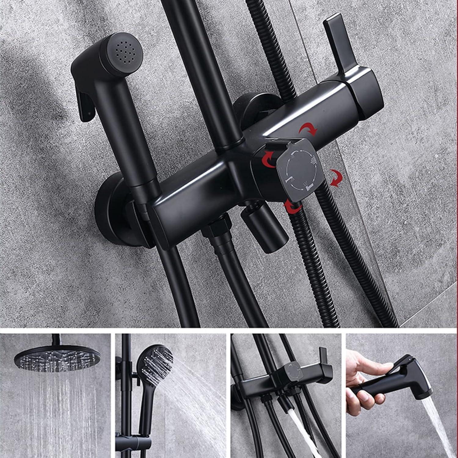 Matte Black Exposed Shower System,Bathroom Shower Fixture with Brass Valve,Wall Mounted Shower Faucet Set with Height Adjustable Rain Shower Head,Hand Shower,Bidet Sprayer