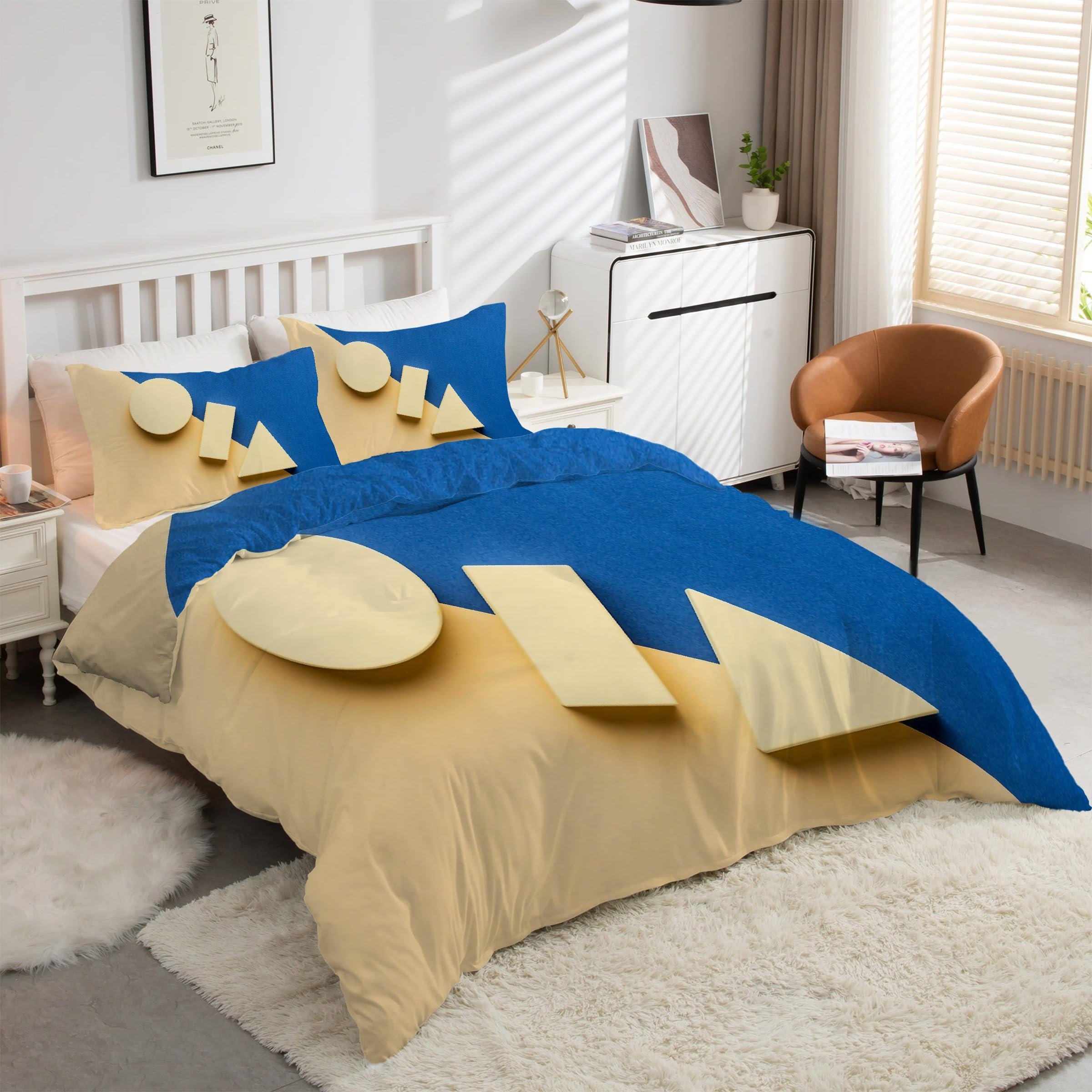 Parure de lit 90x190 cm bleu motif géométrique housse de couette microfibre zippée et 2 taies kK5450