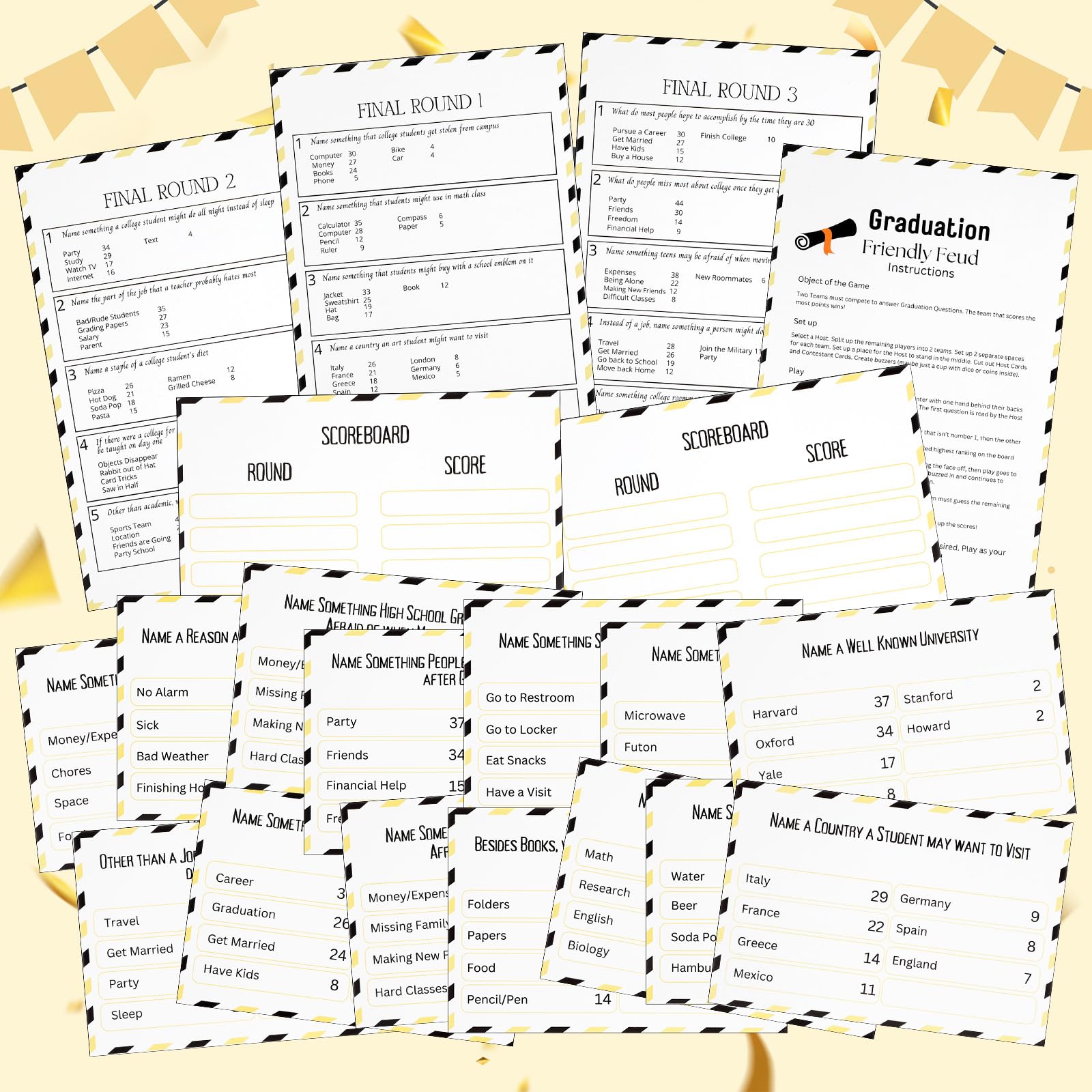 Abschluss-freundliches Feud-Spiel mit 2 Antwort-Summern, Grad Feud Karten für Familienspielabend, Spaß, Quiz für Klassenparty, Gruppen, Clubs, Teambuilding