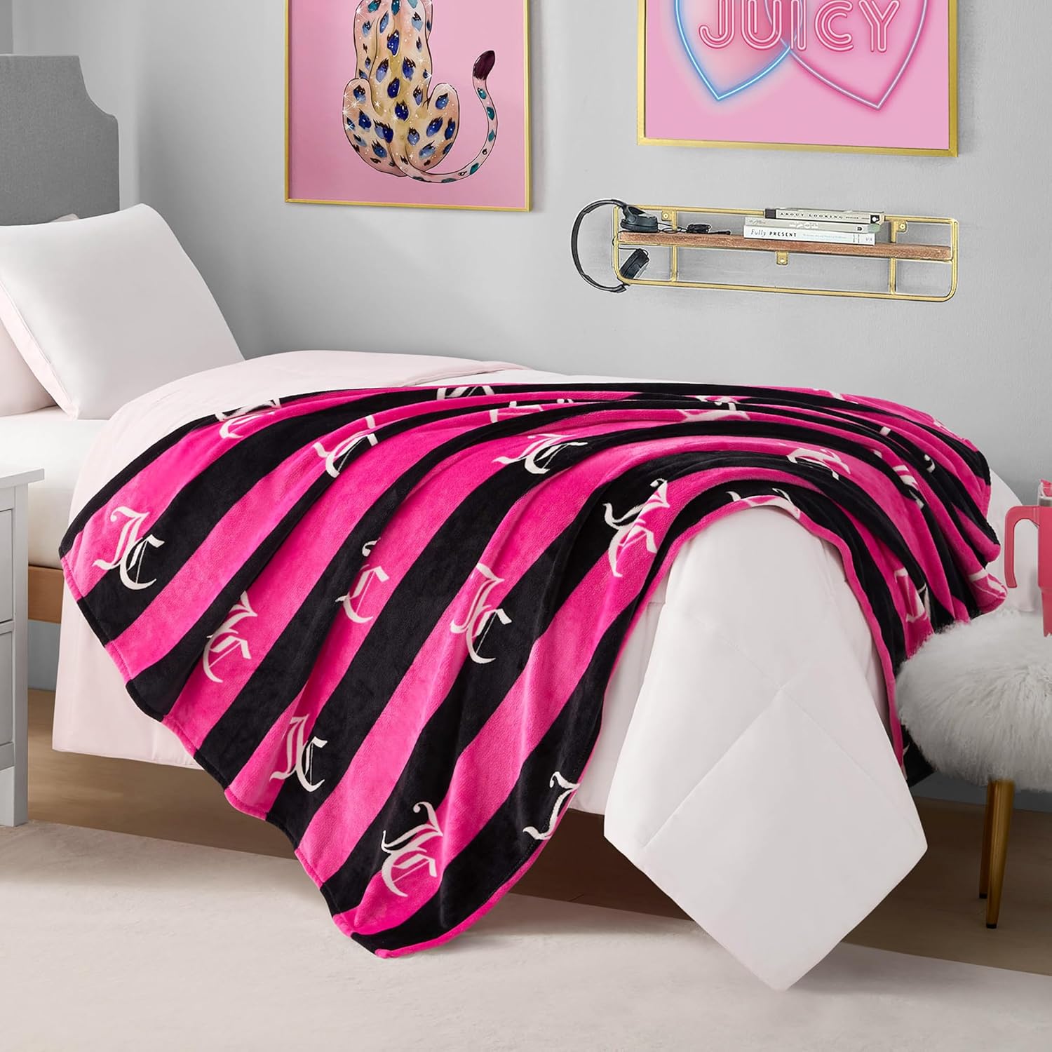 Juicy Couture Cabana Plush Hot Pink Striped 90"X90" Fuzzy Full/Queen Bed Blanket - Luxurious Microfiber Plush Blanket for Ultimate Comfort and Cozy Warmth - Image 3