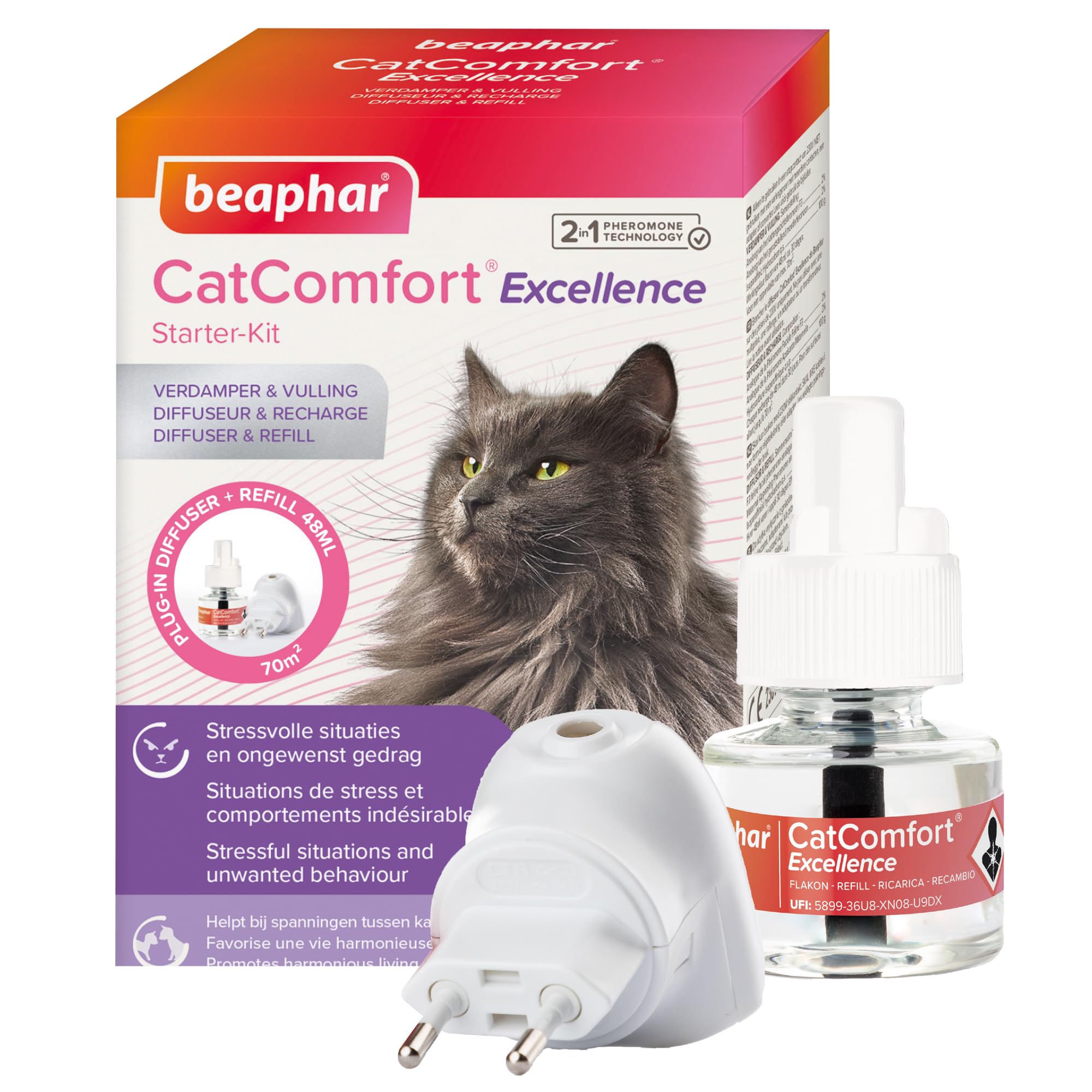 BEAPHAR CATCOMFORT® Excellence - Diffusore elettrico di feromoni per gatti - Riduce lo stress e i comportamenti indesiderati senza dipendenza o sonnolenza - 1 presa e 1 ricarica da 48 ml