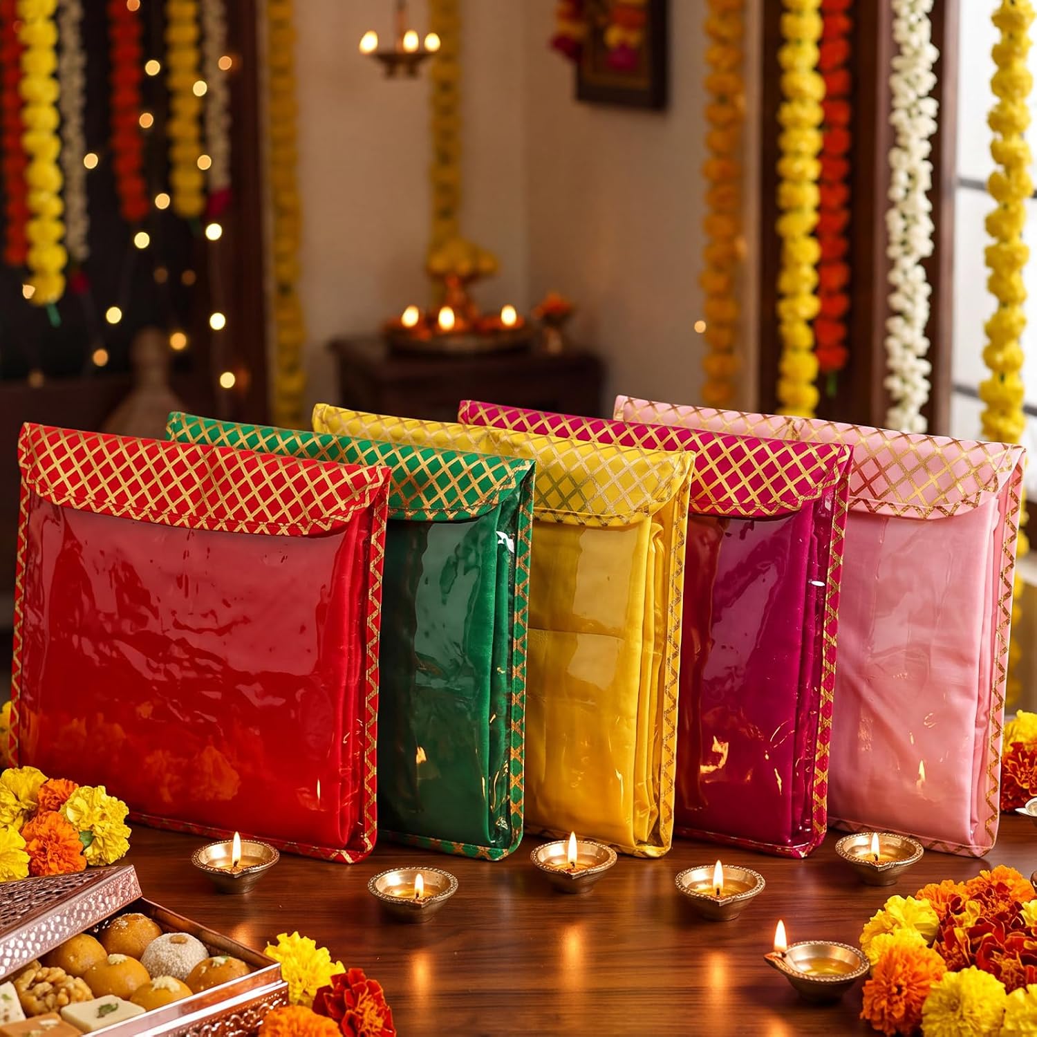 Tallew 5 Pcs Transparent Saree Bags for Storage, Diamond, 17x14 Inch
